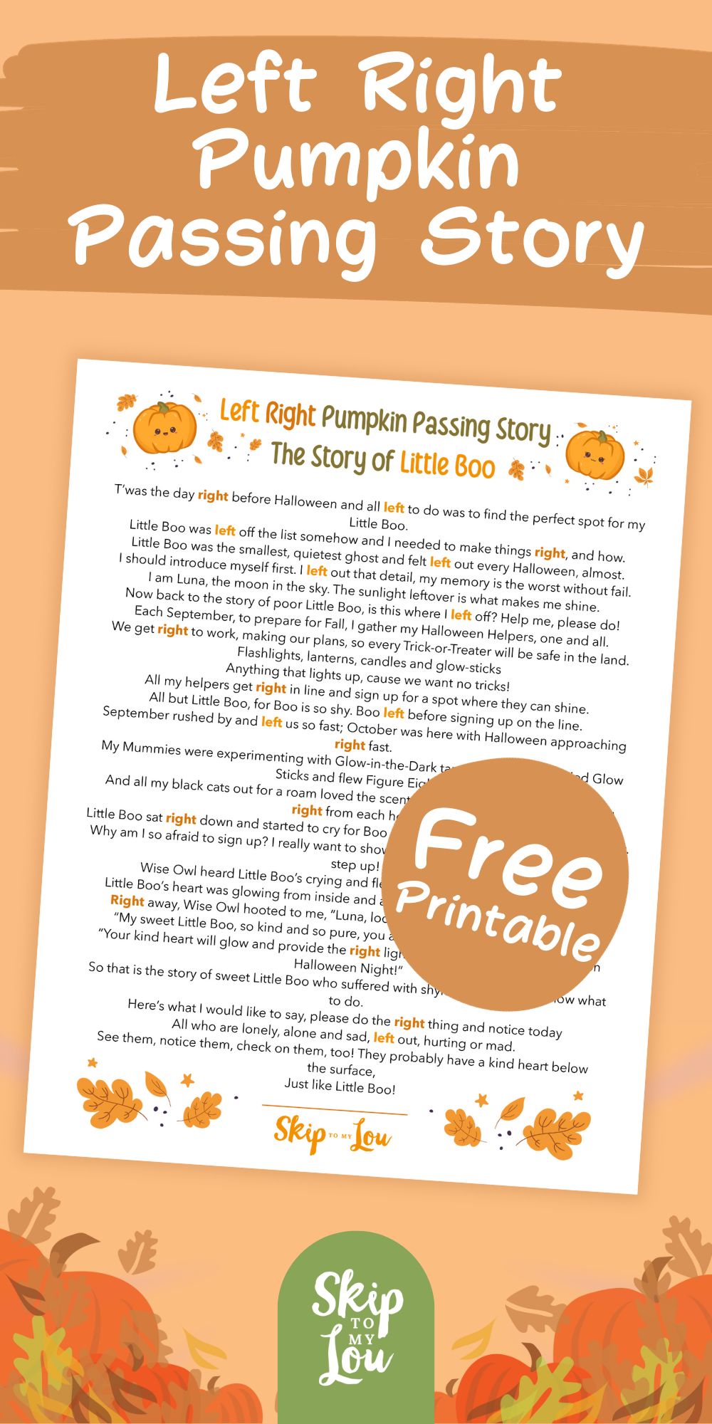 Free Printable copy of the story of Little Boo, Pumpkin Passing Game, by Skip to my Lou.