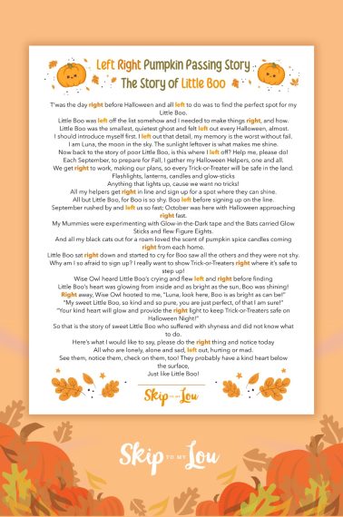 A story about Little Boo that is also a Left Right Passing game, by Skip to my Lou.