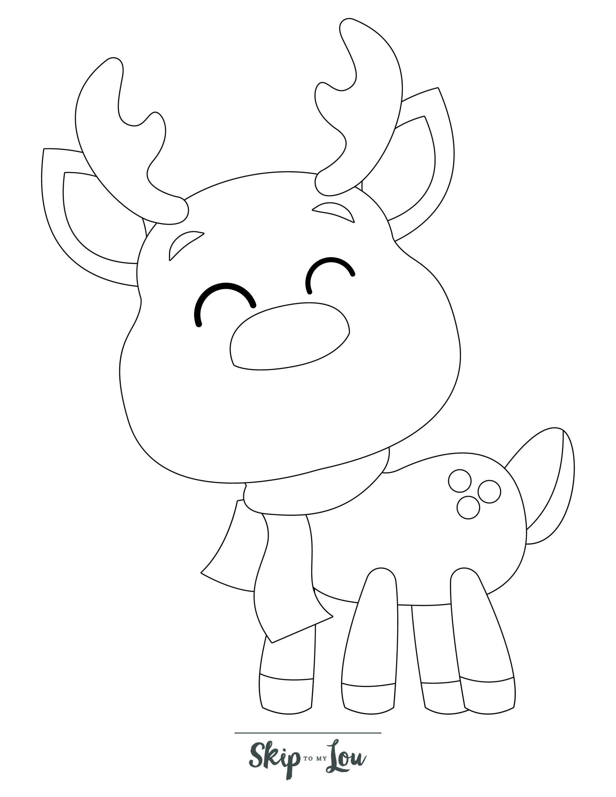 Reindeer Coloring Page 2 - Line drawing of cute reindeer wearing a scarf