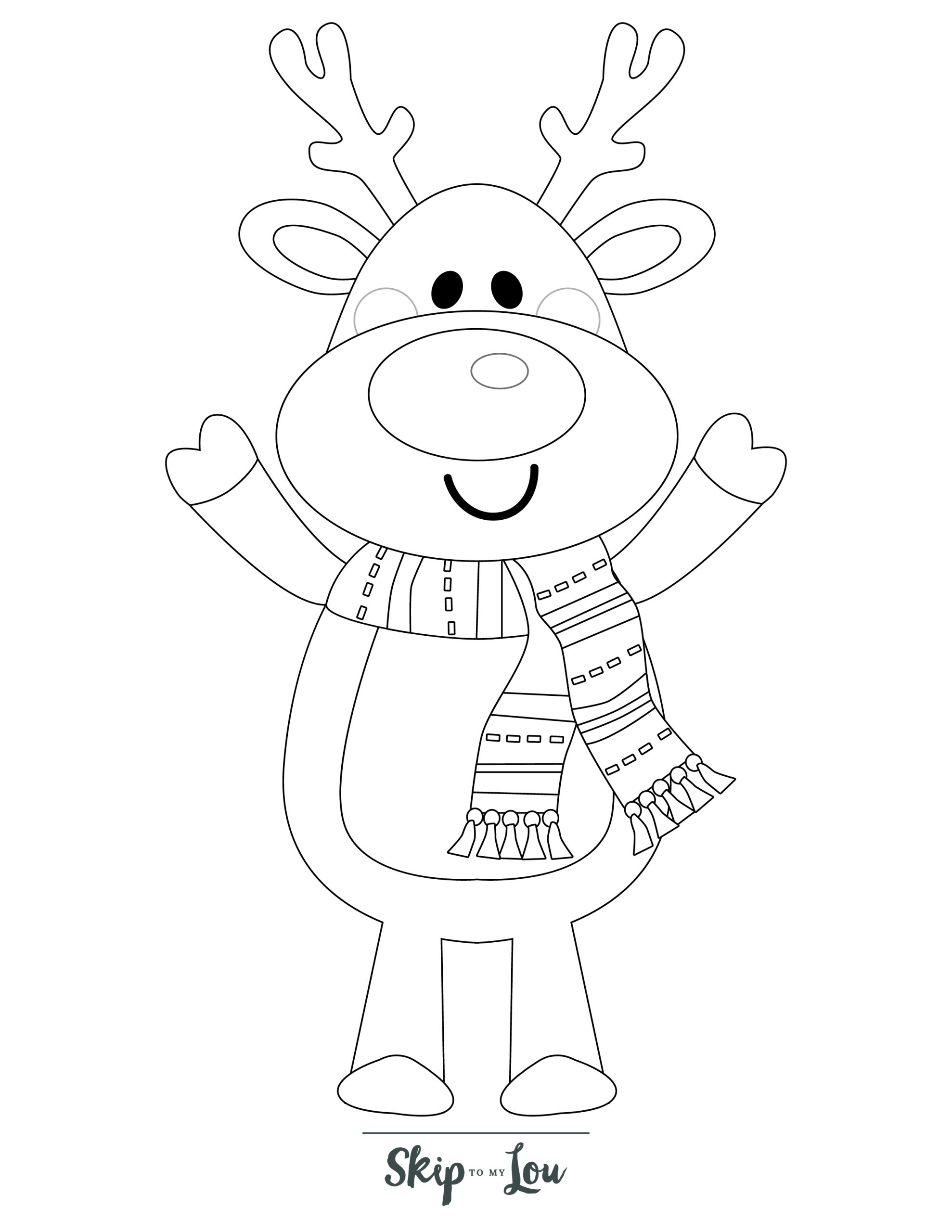 Skip to my Lou - Reindeer Coloring Pages - Line drawing of a happy reindeer standing up and wearing a scarf