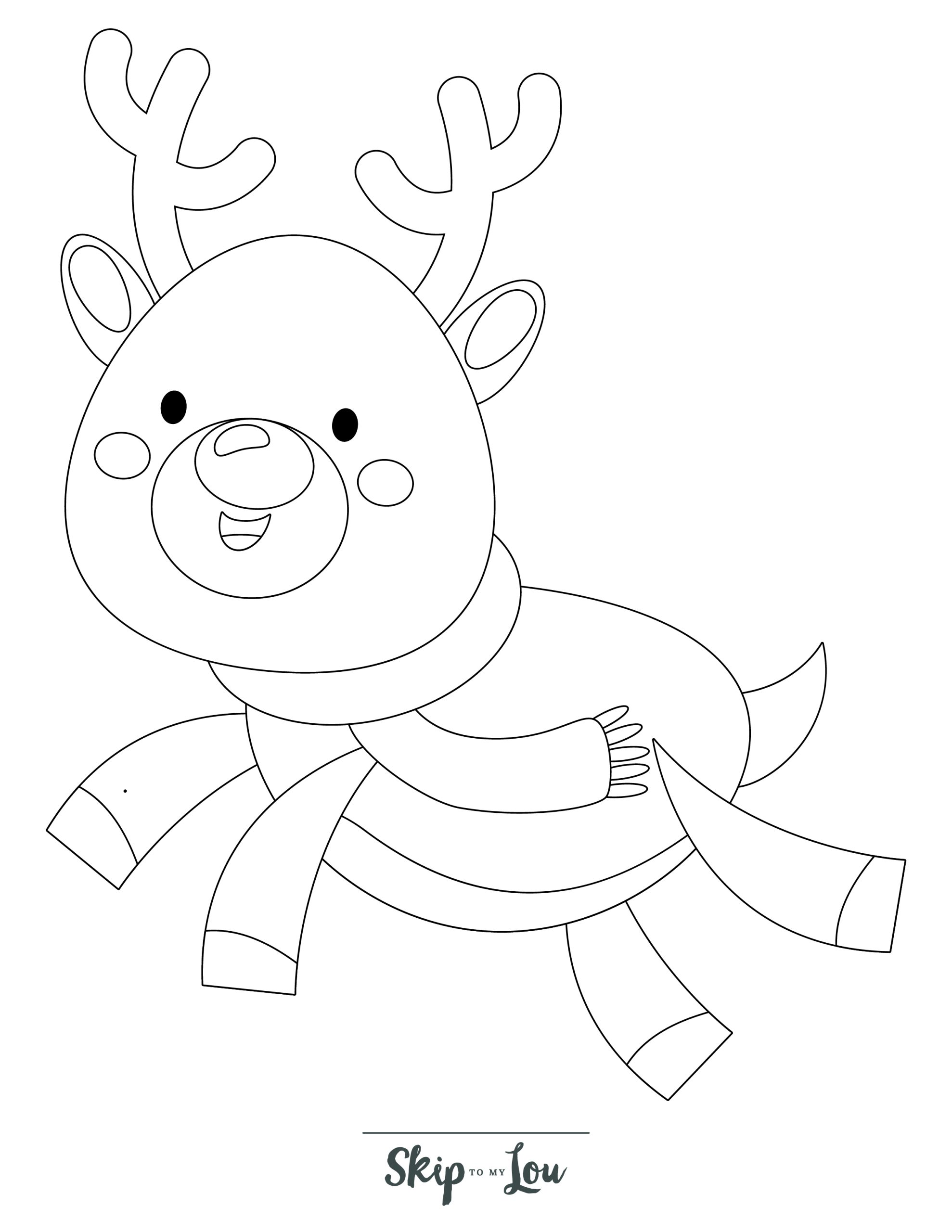 Reindeer Coloring Page 7 - Line drawing of flying reindeer with a scarf and antlers