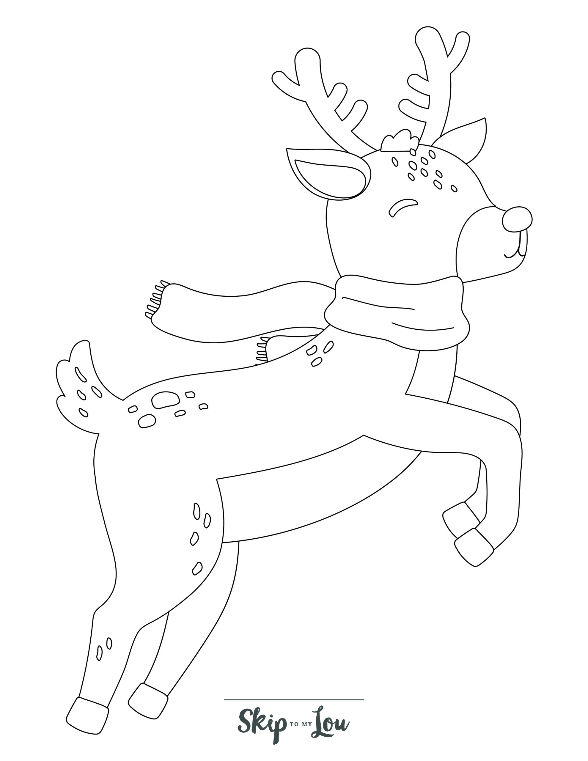 Reindeer Coloring Page 8 - Line drawing of a realistic jumping reindeer 