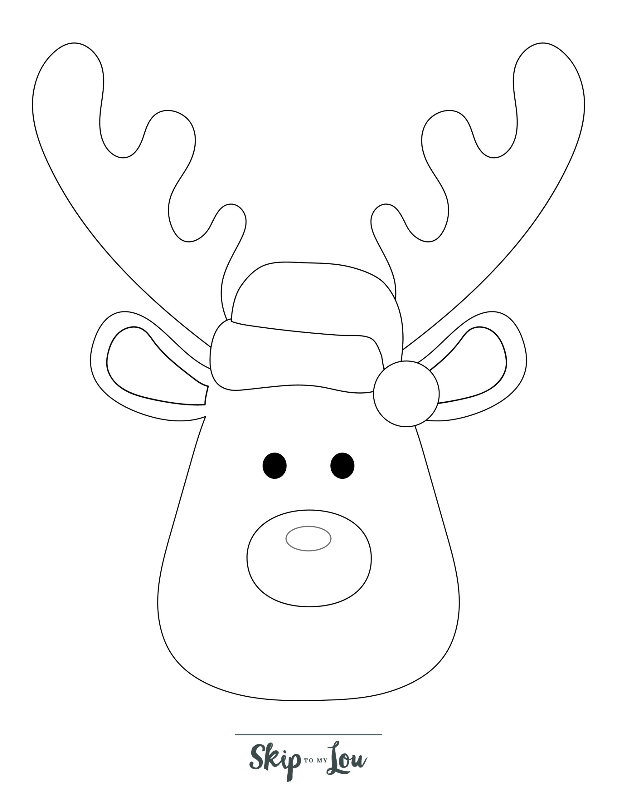 Reindeer Coloring Page 9 - Line drawing of a reindeer wearing a christmas hat