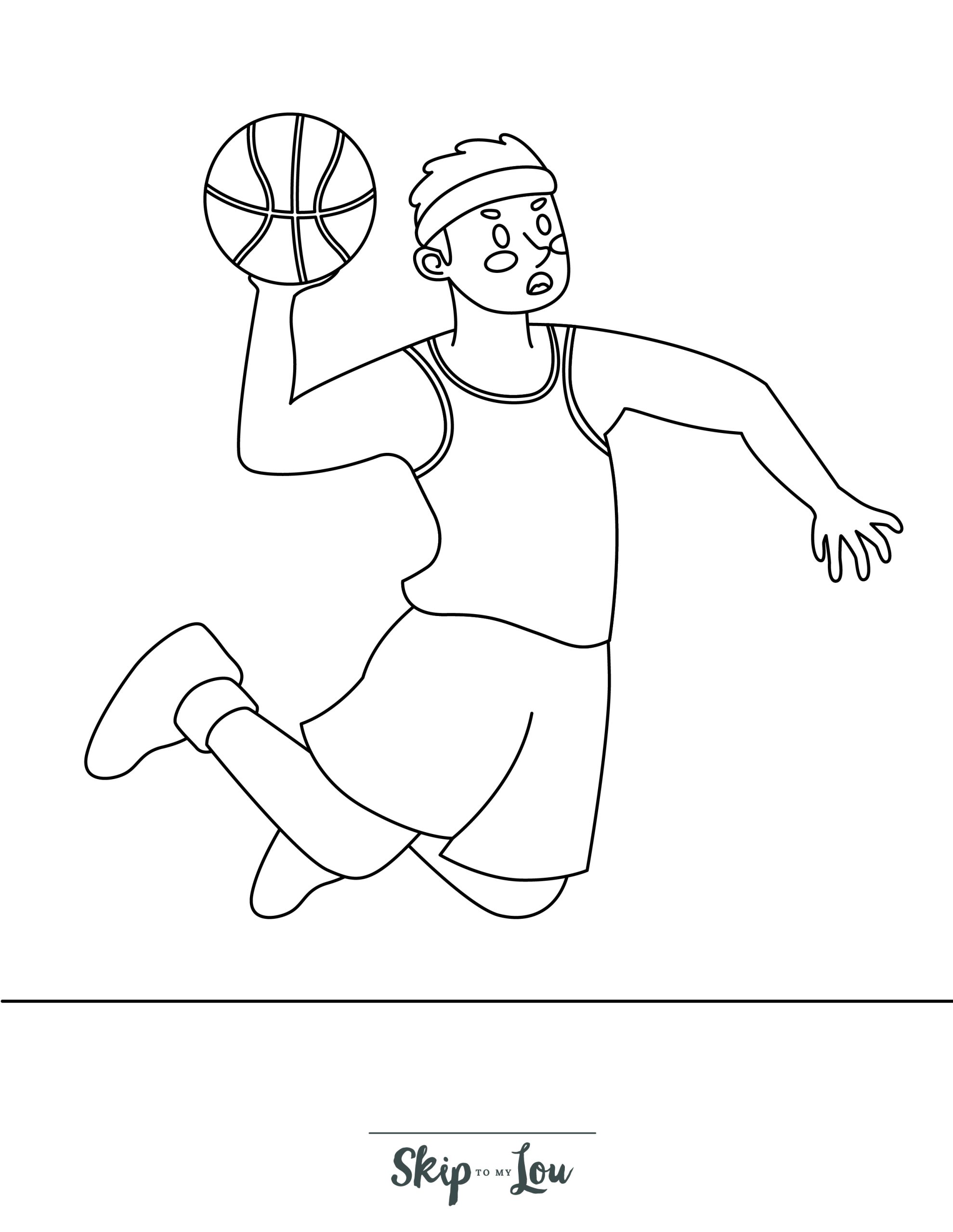 Basketball Coloring Page 2 - A line drawing of a boy jumping with a basketball