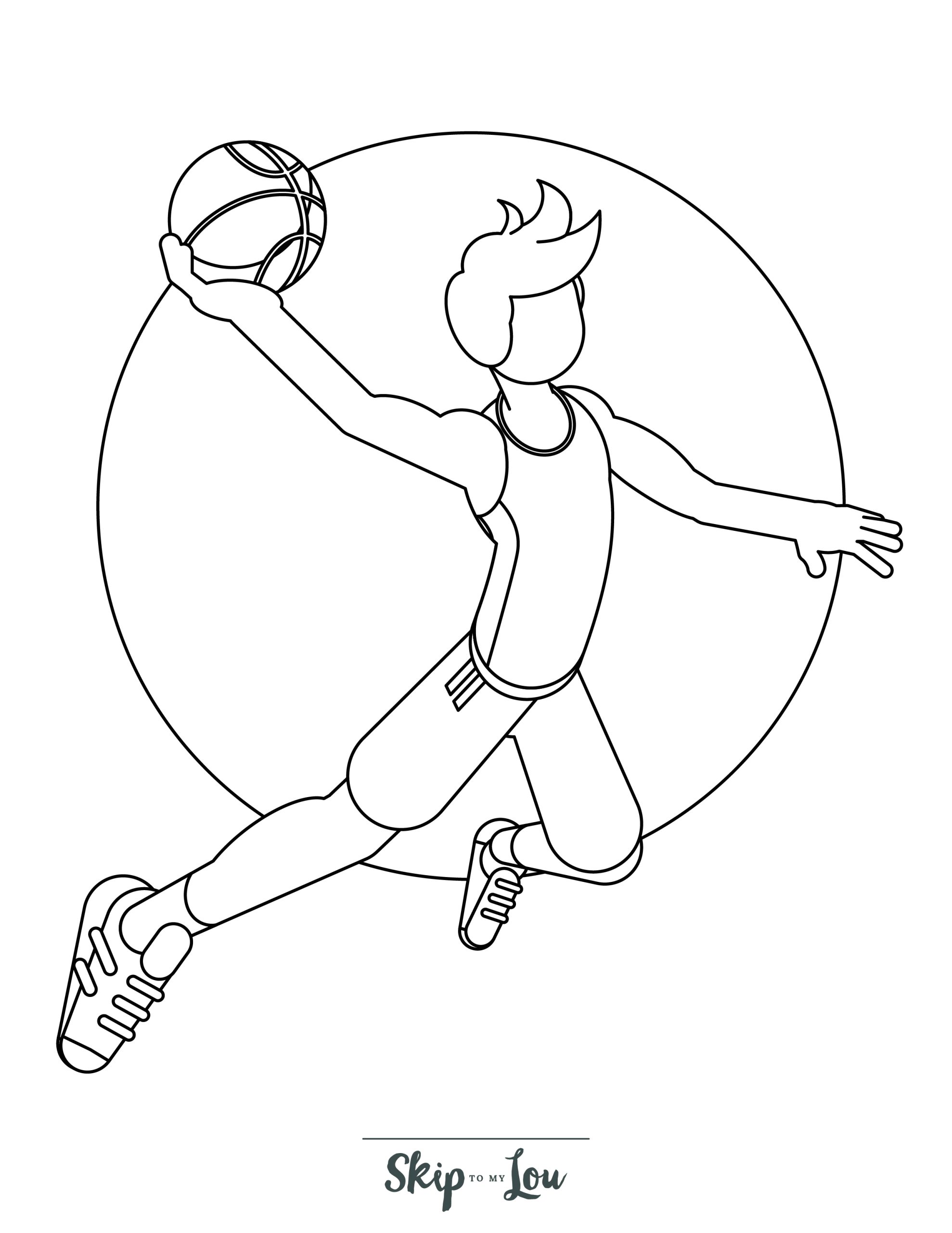 Basketball Coloring Page 5 - A line drawing of basketball player taking a big jump