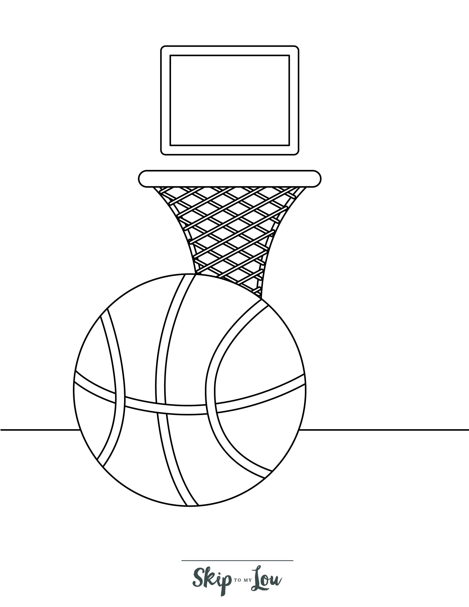 Basketball Coloring Page 6 - A line drawing of a basketball with a basketball hoop in the background