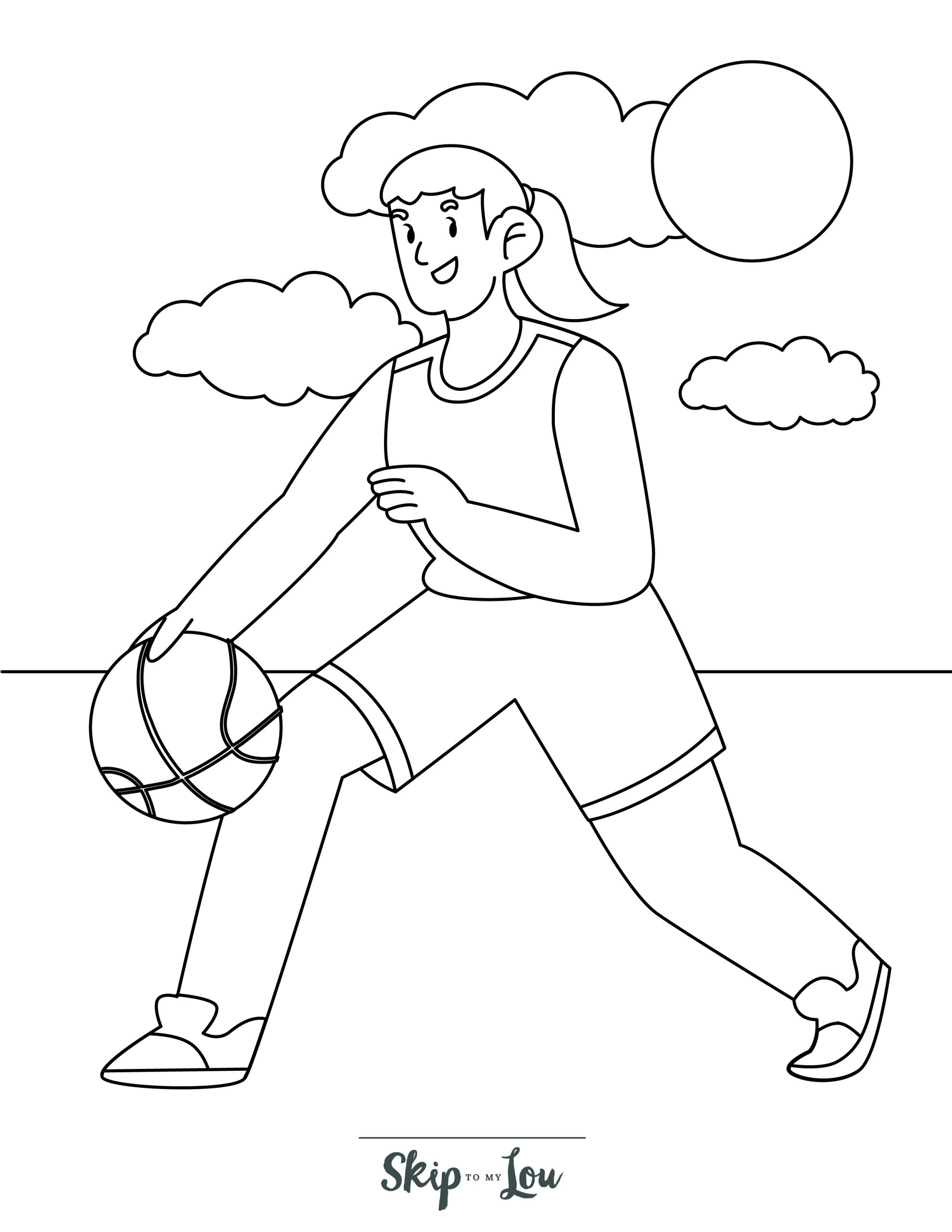Basketball Coloring Page 7 - A line drawing of a female basketball player dribbling the ball
