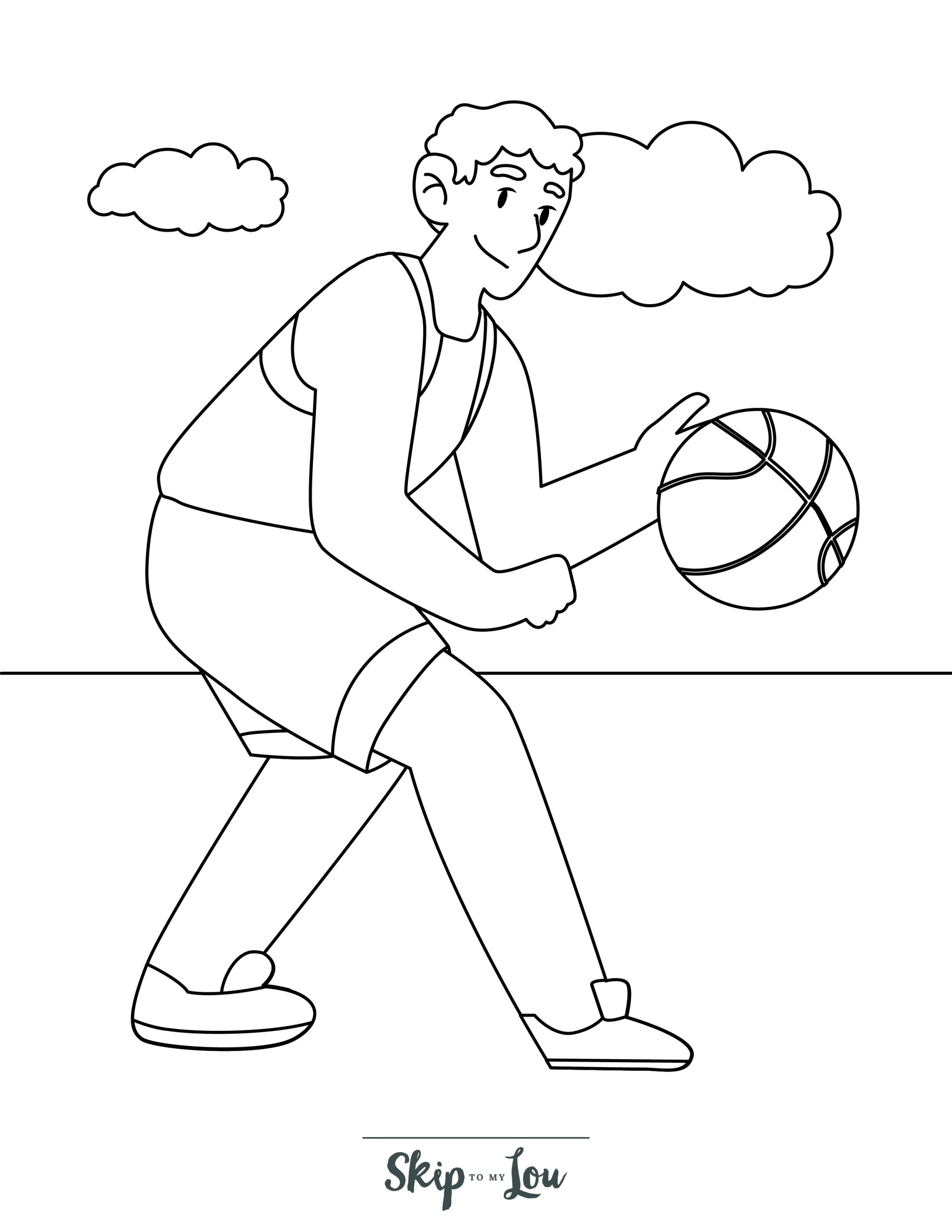 Basketball Coloring Page 8 - A line drawing of a male basketball player dribbling the ball