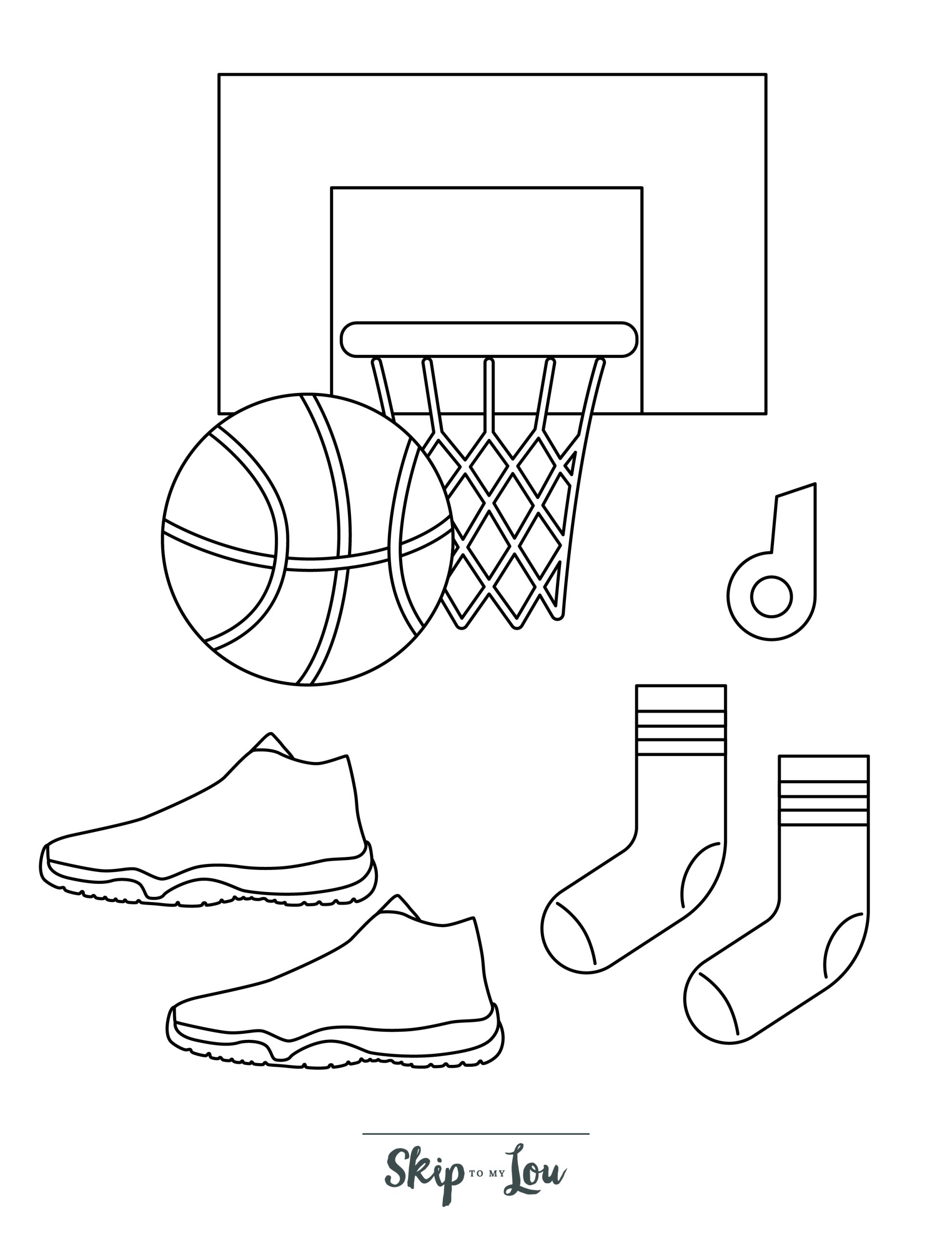 Basketball Coloring Page 9 - A line drawing of a collection of basketball images