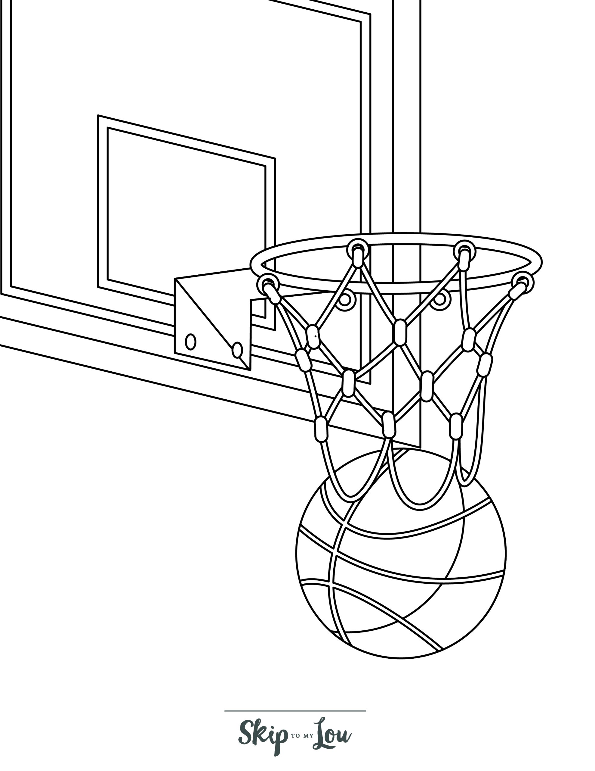 Basketball Coloring Page 11 - A line drawing of a basketball hoop