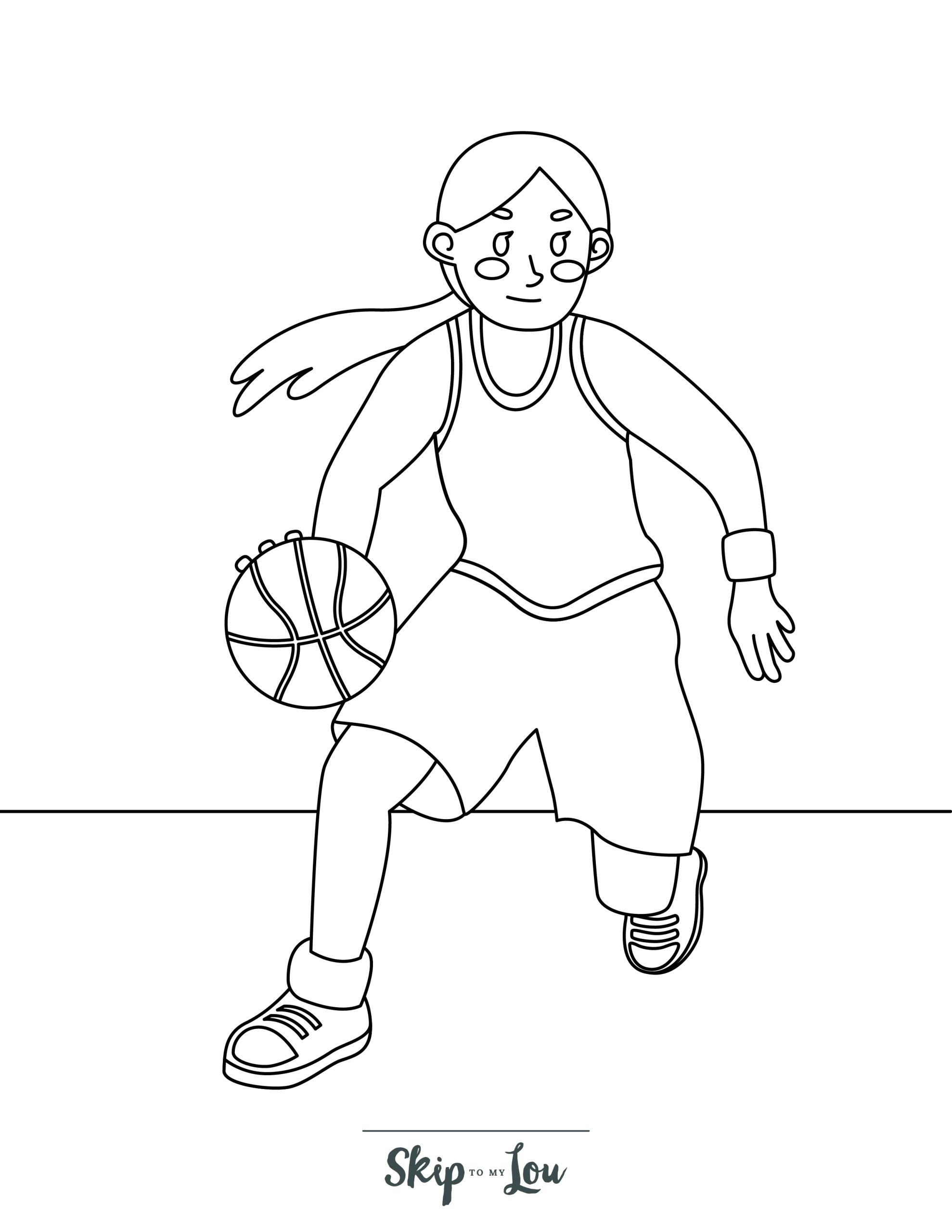Basketball Coloring Page 1 - A line drawing of a girl basketball player dribbling a ball