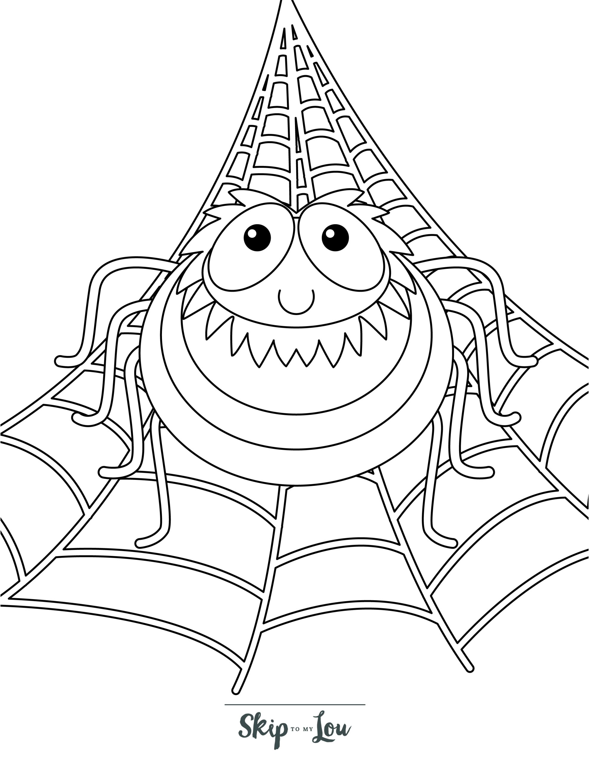 Spider Coloring Page 5 - Line drawing of a fat spider in a web