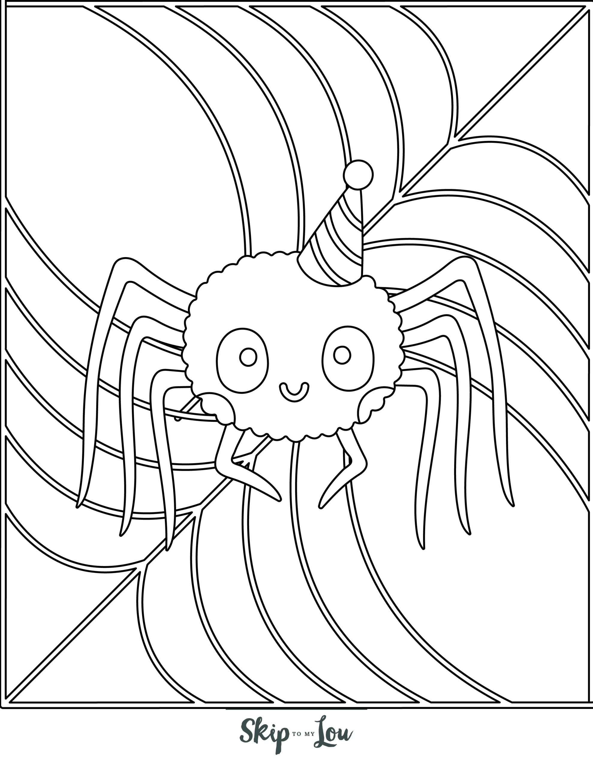 Spider Coloring Page 8 - Line drawing of a spider with a birthday hat