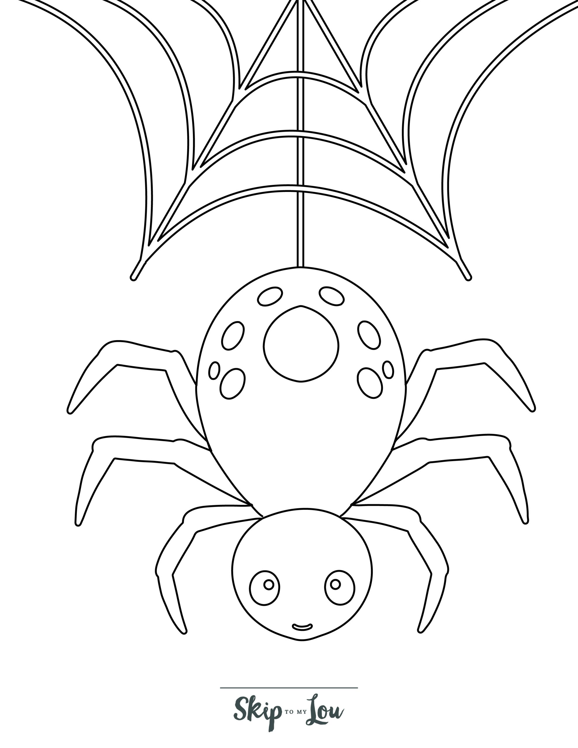 Spider Coloring Page 9 - Line drawing of a spider swinging from a web