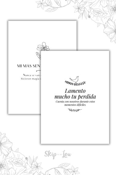 Printable sorry for your lsos cards in spanish: Lamento mucho tu pérdida y mi más sentido pésame cards. From skip to my lou