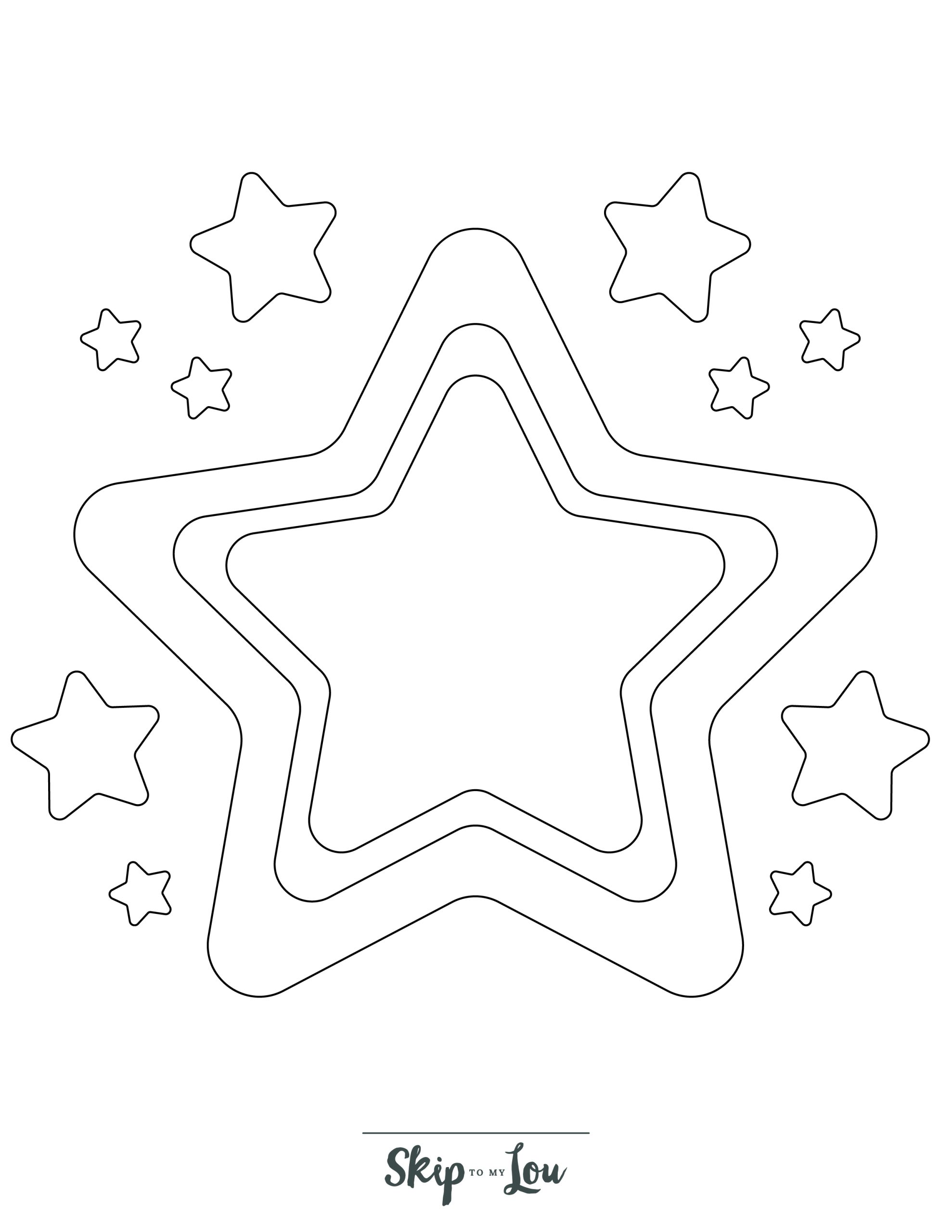 Star Coloring Page 1 - Line drawing of a big star surrounded by smaller stars