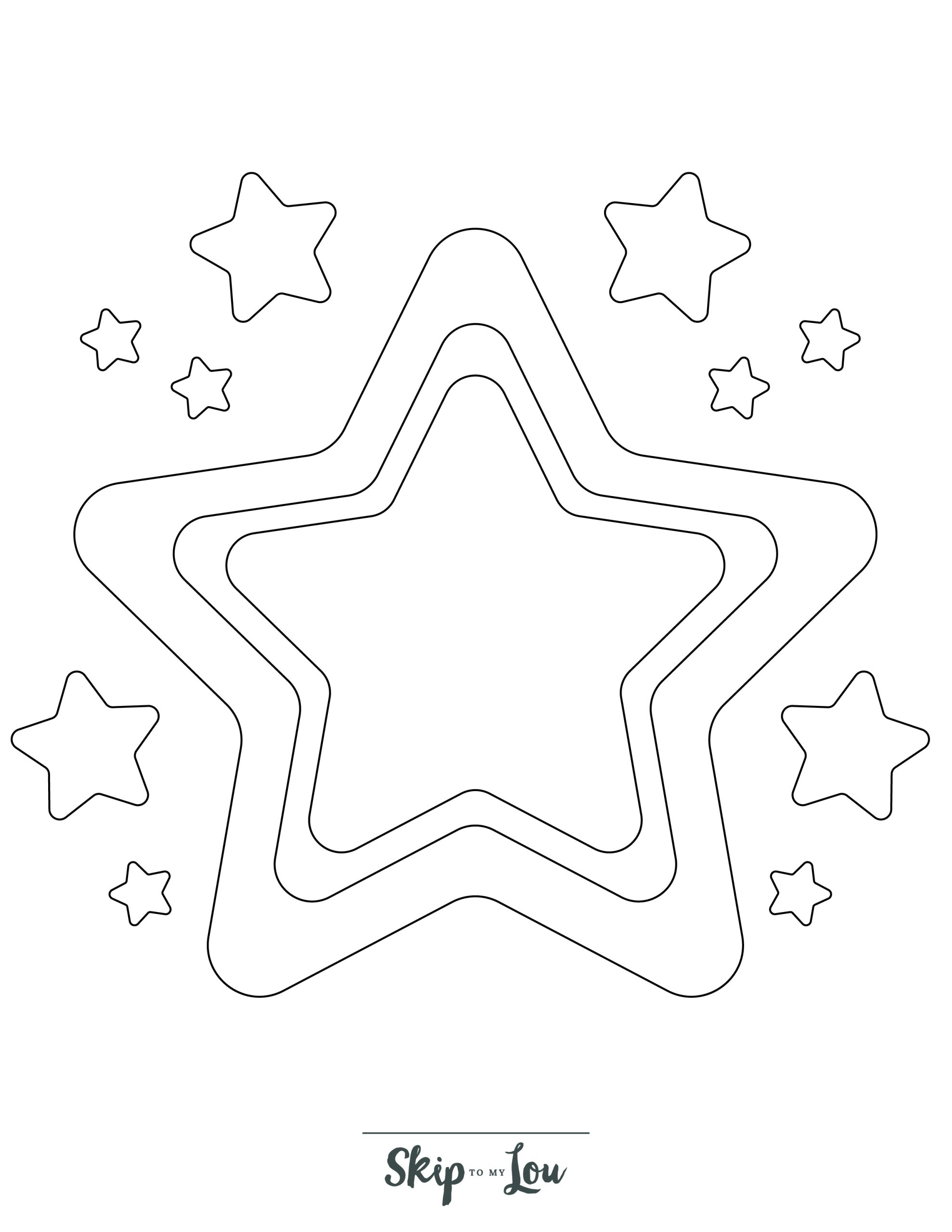 Star Coloring Page 1 - Line drawing of a big star surrounded by smaller stars