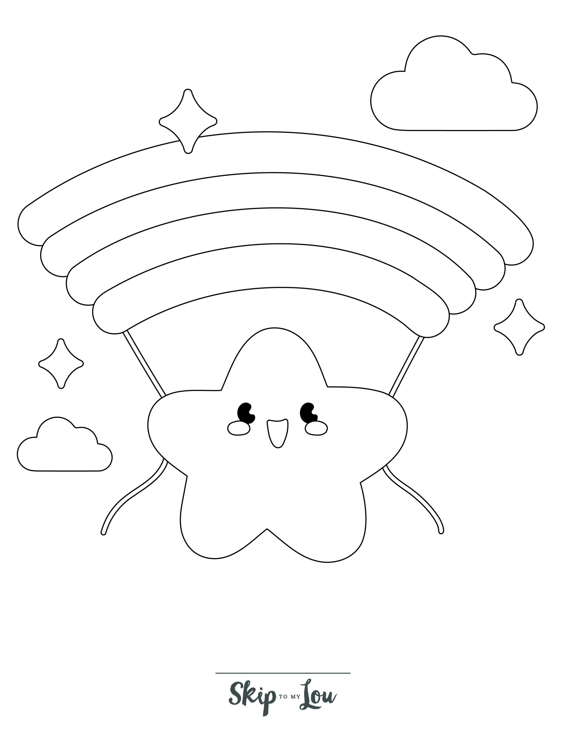 Star Coloring Page 10 - Line drawing of a happy star with a rainbow