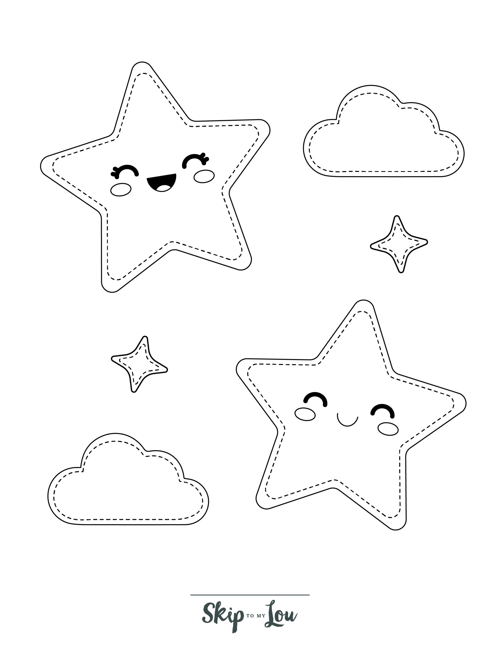 Star Coloring Page 12 - Line drawing of a cute stars in clouds