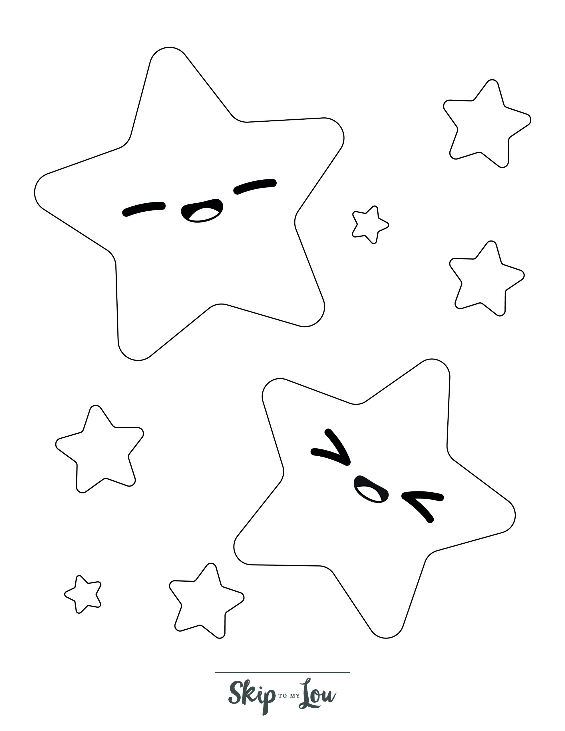 Star Coloring Page 2 - Line drawing of two small stars with faces 