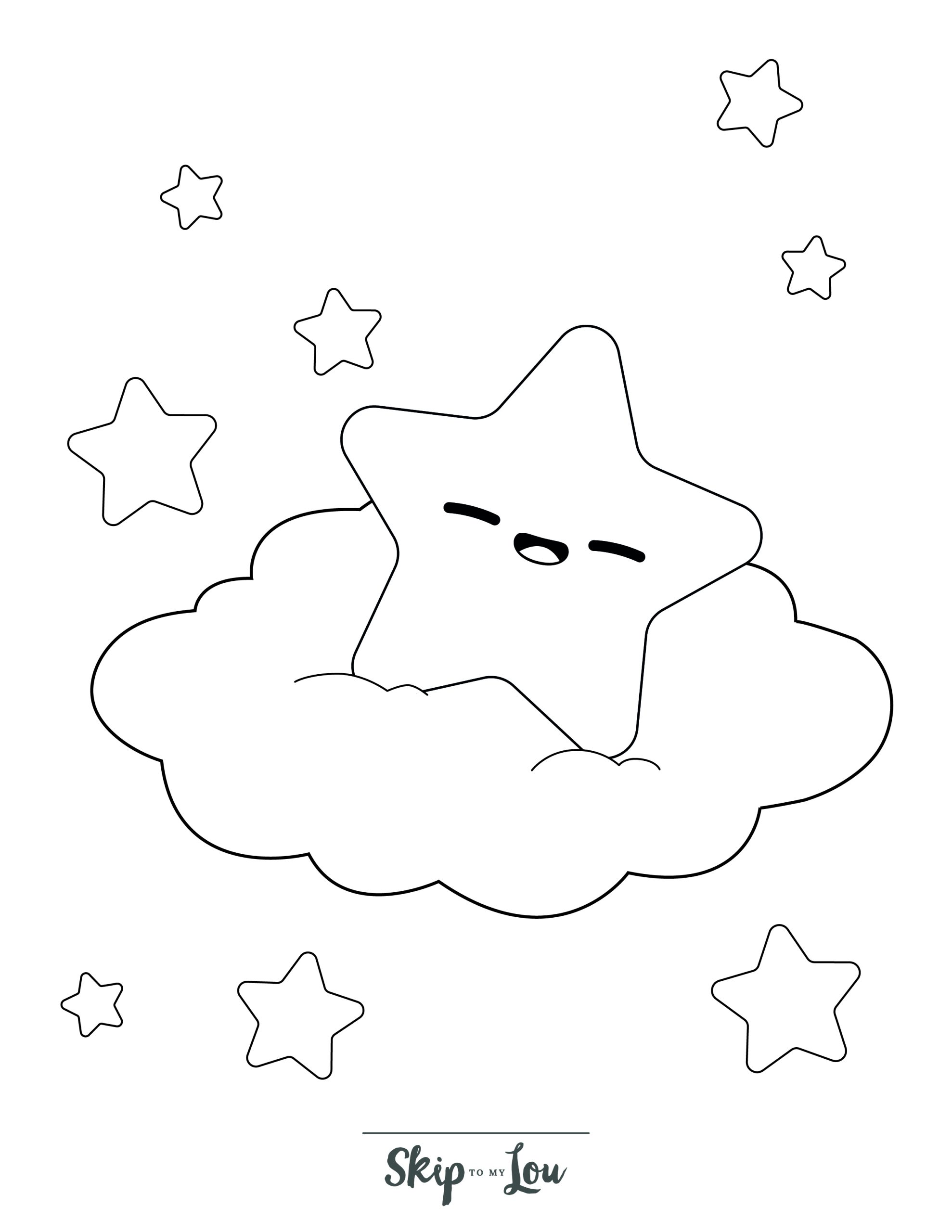 Star Coloring Page 4 - Line drawing of a star on a cloud with a face