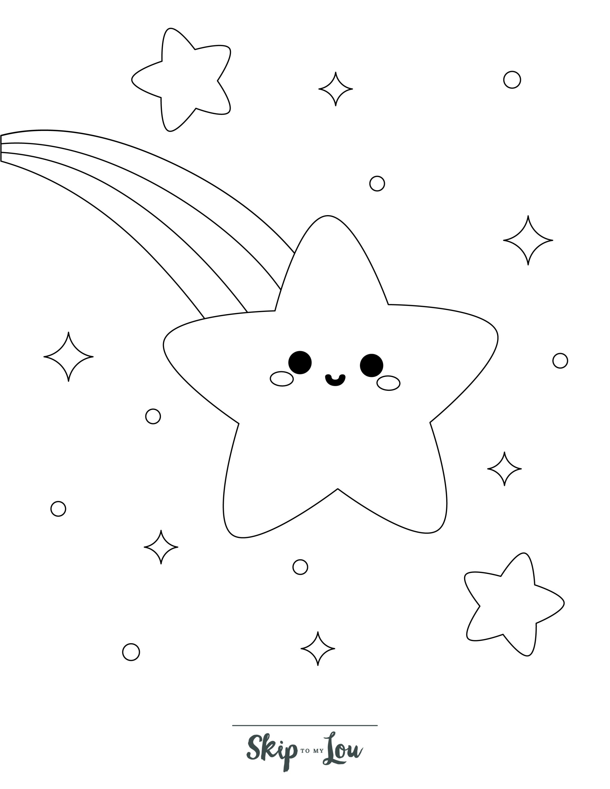 Skip to my Lou - Star Coloring Pages - Line drawing of a large star with a face, with a rainbow and smaller stars in the background