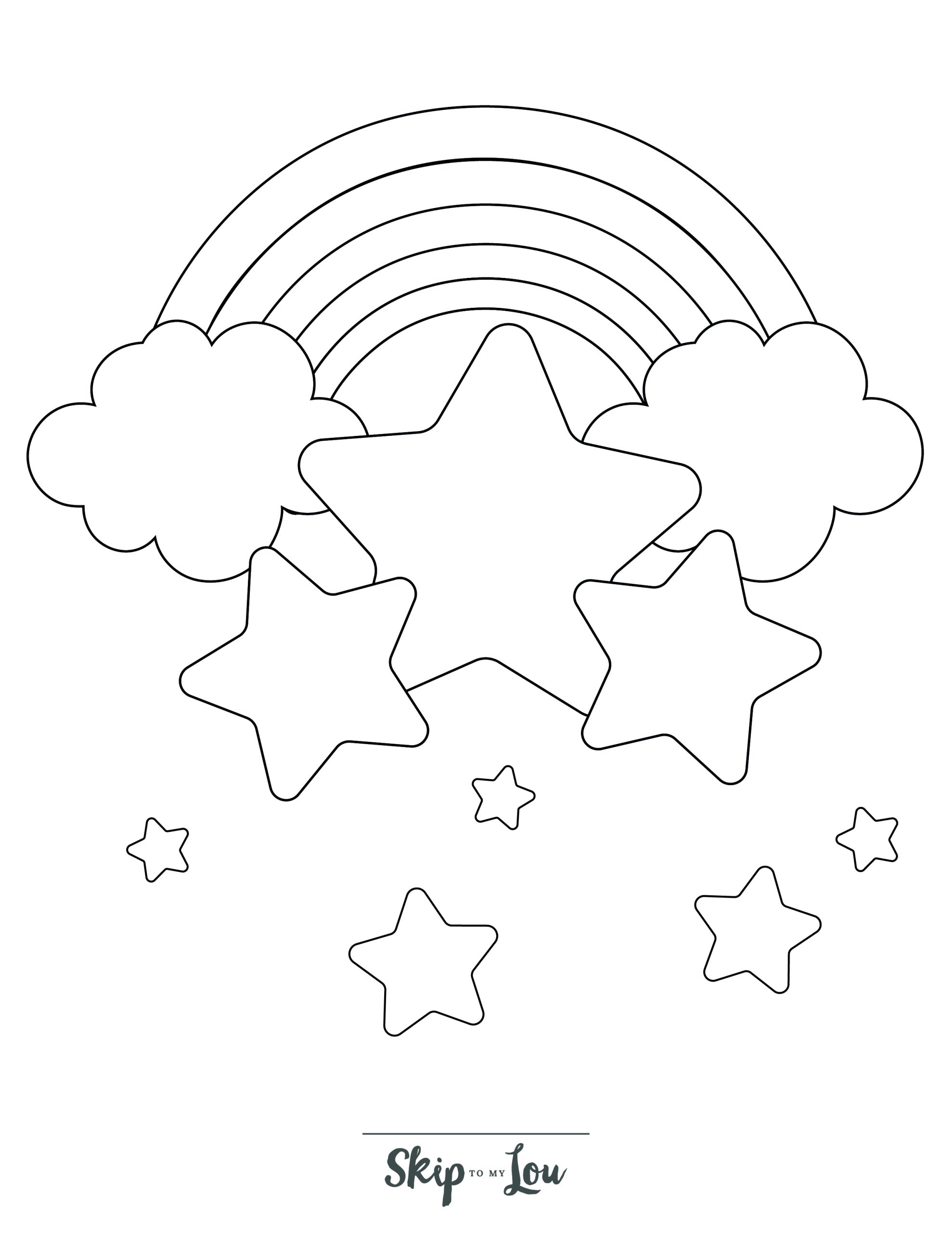 Star Coloring Page 8 - Line drawing of a stars with rainbow and clouds in background
