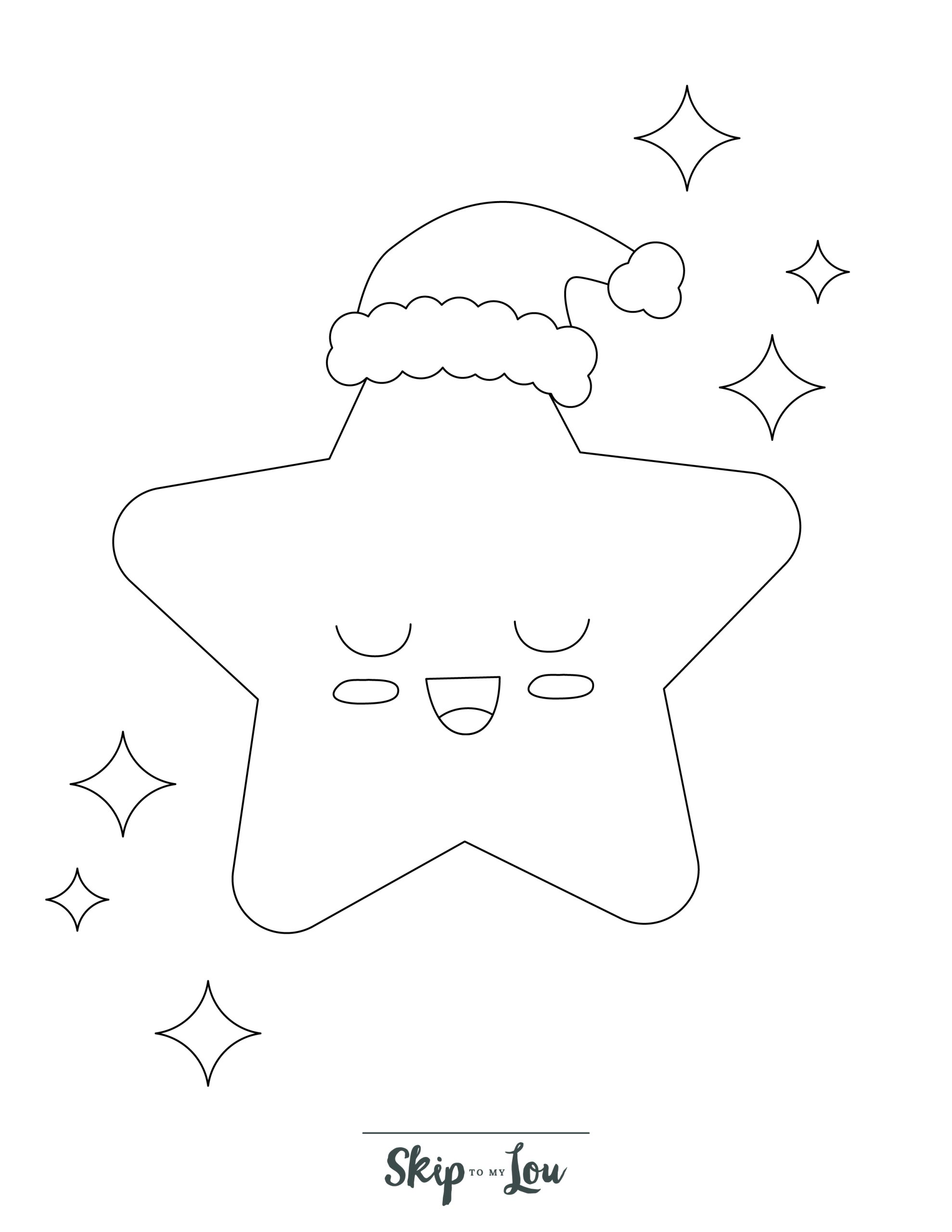 Star Coloring Page 9 - Line drawing of a star wearing a Christmas hat