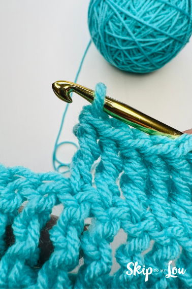 Treble crochet in blue yarn with hook. Tutorial from Skip to my Lou