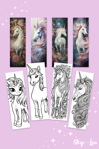 Printed unicorn bookmarks - full color and black and white to color - on top of a pink background. from skip to my lou