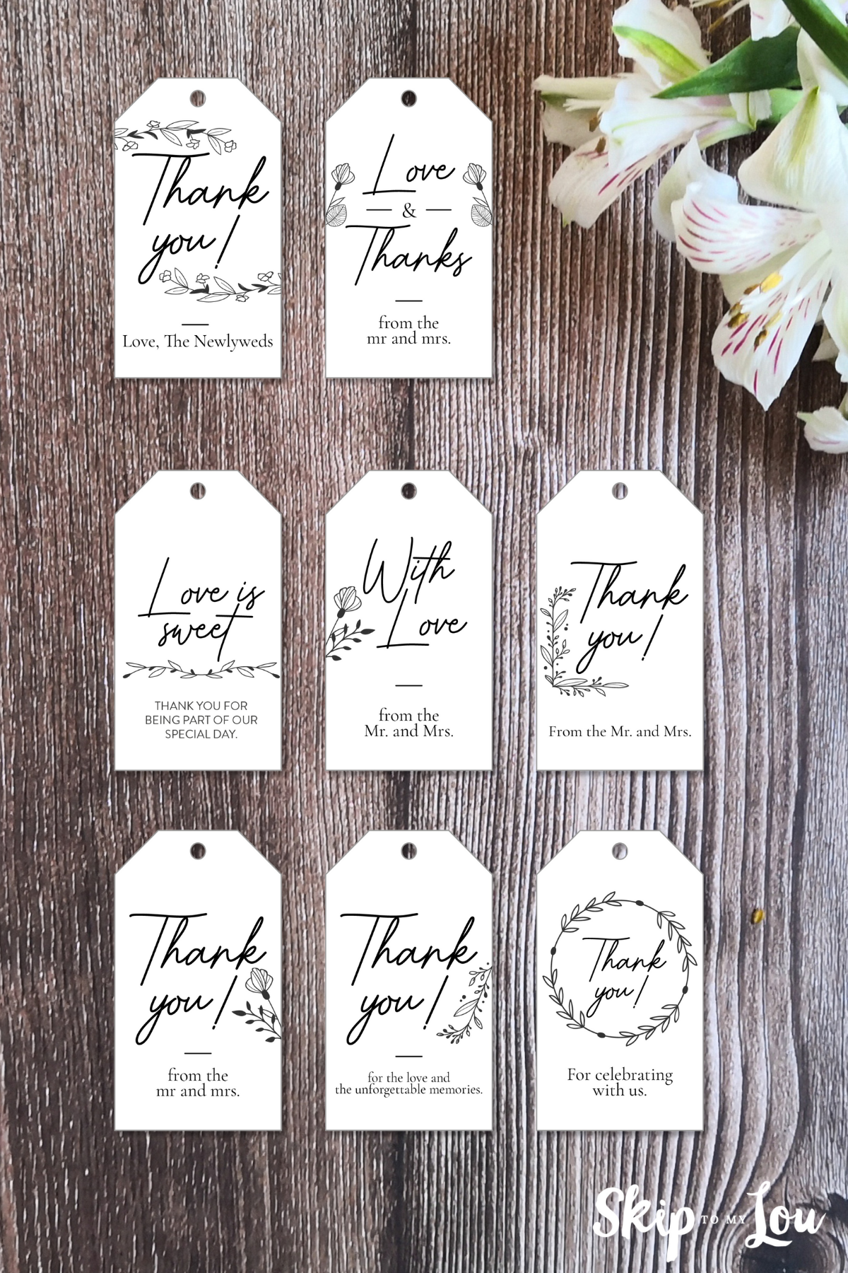 Printed wedding favor tags on top of a wooden background, pdf from skip to my lou