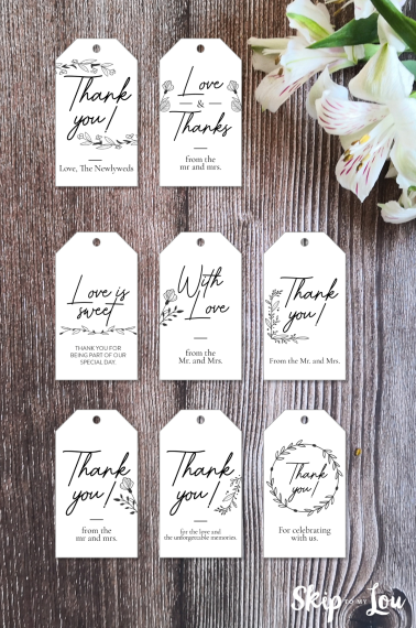 Printed wedding favor tags on top of a wooden background, pdf from skip to my lou