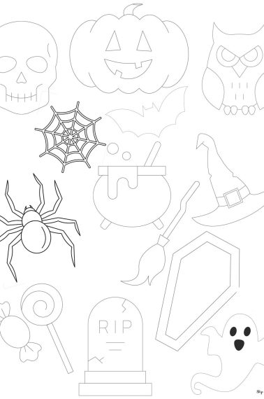 halloween template that includes a compilation of different templates: a skull, jack-o-lantern, owl, spider web, spider, cauldron, witch hat, tombstone, coffin, ghost, and candy. from skip to my lou