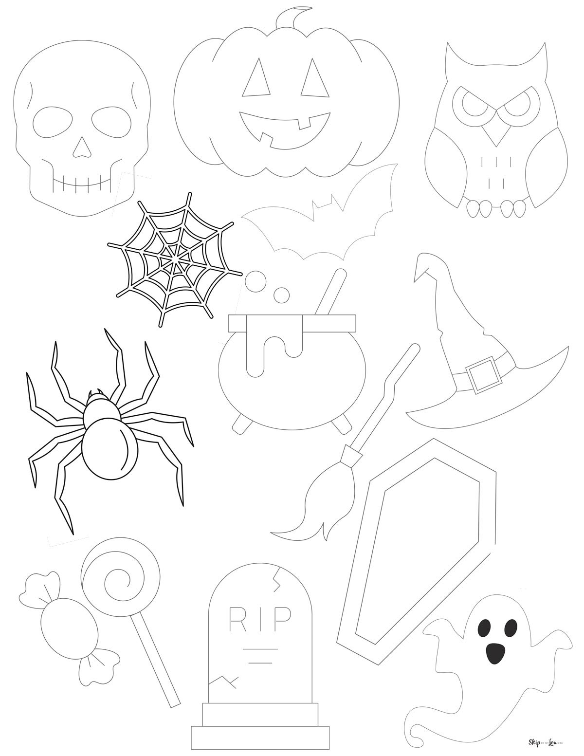 halloween template that includes a compilation of different templates: a skull, jack-o-lantern, owl, spider web, spider, cauldron, witch hat, tombstone, coffin, ghost, and candy. from skip to my lou