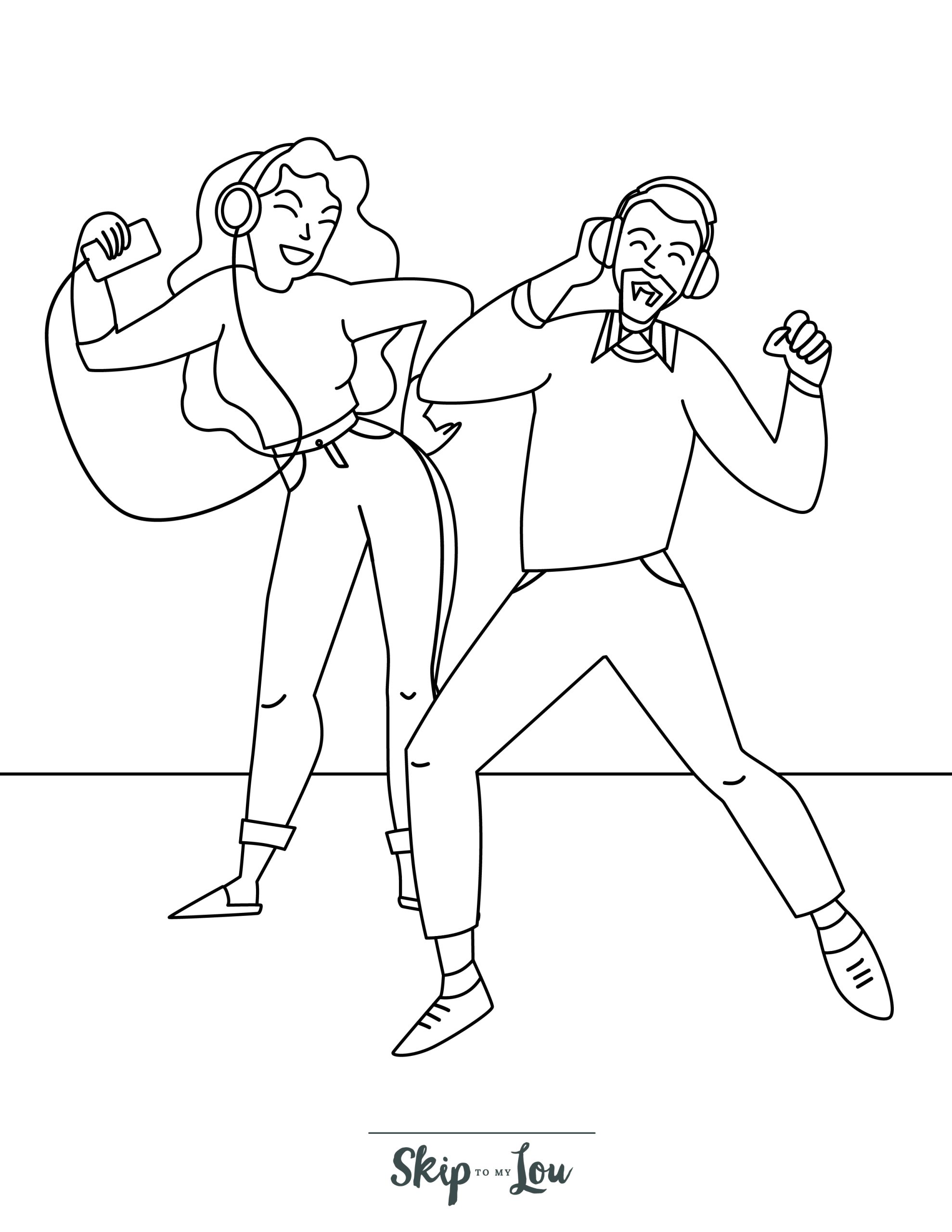 People Coloring Page 10 - Line drawing of dancing people listening to music