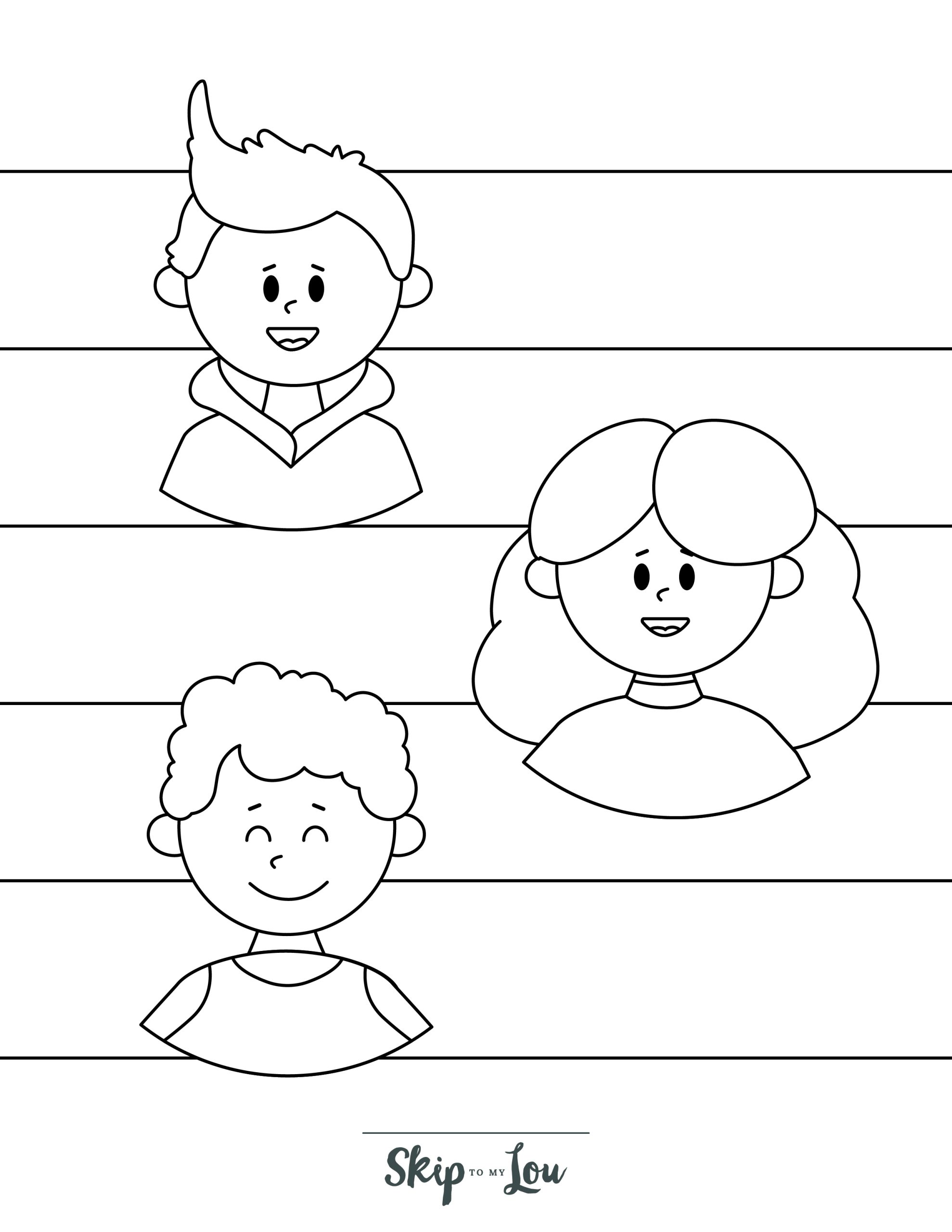 People Coloring Page 9 - Line drawing of two little boys & a girl