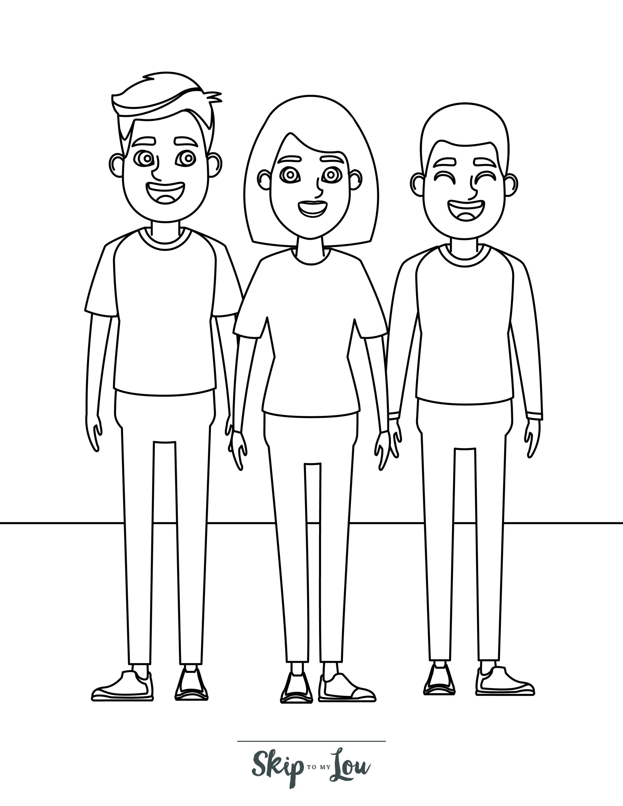 People Coloring Page 1 - Line drawing of a family standing together