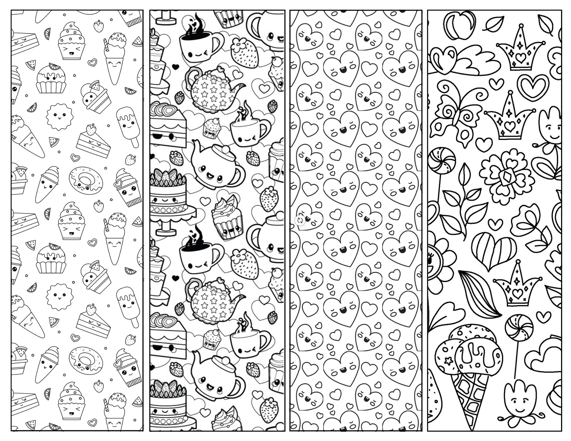 Kawaii Bookmark Coloring Page - A collection of four kawaii line drawings to be colored