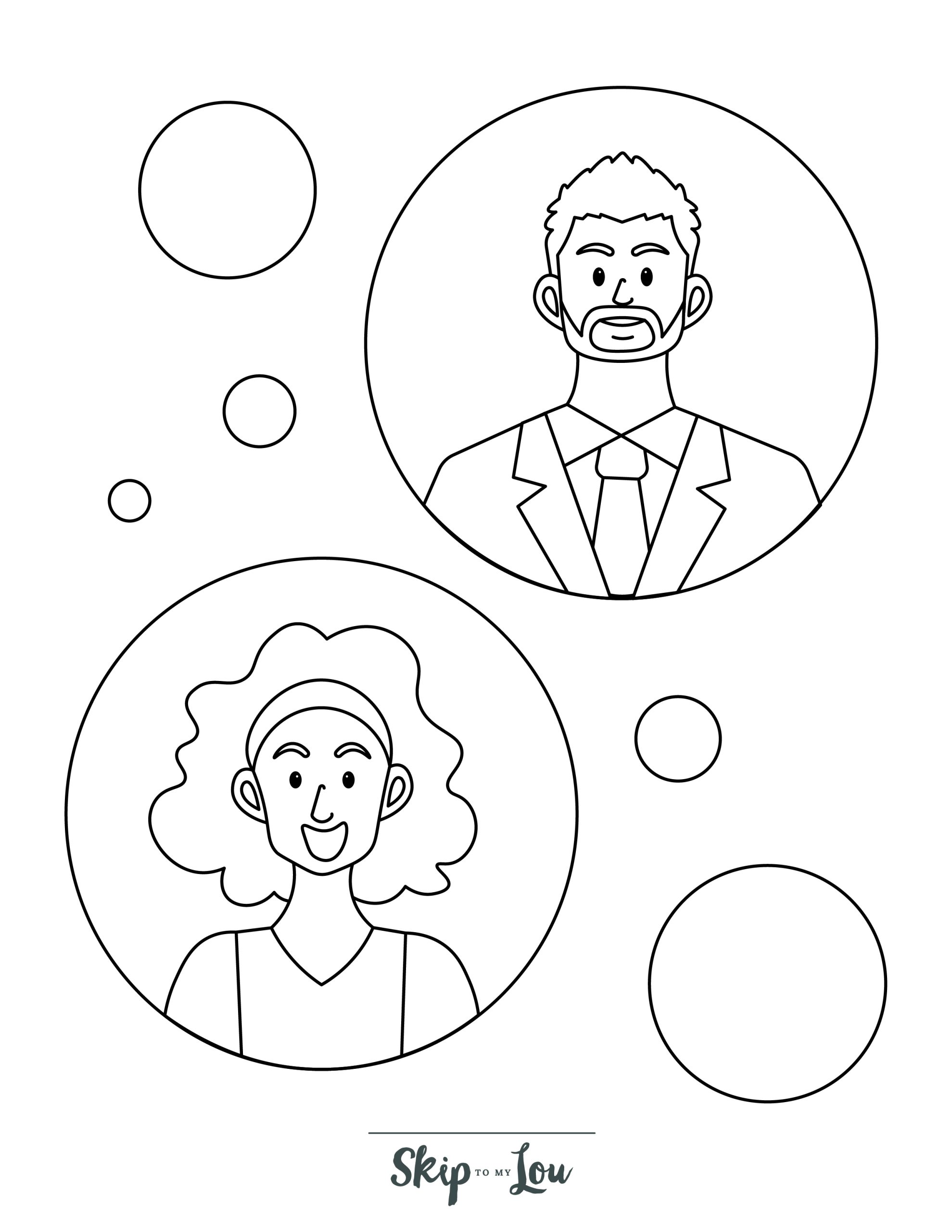 People Coloring Page 2 - Line drawing of husband and wife in bubbles