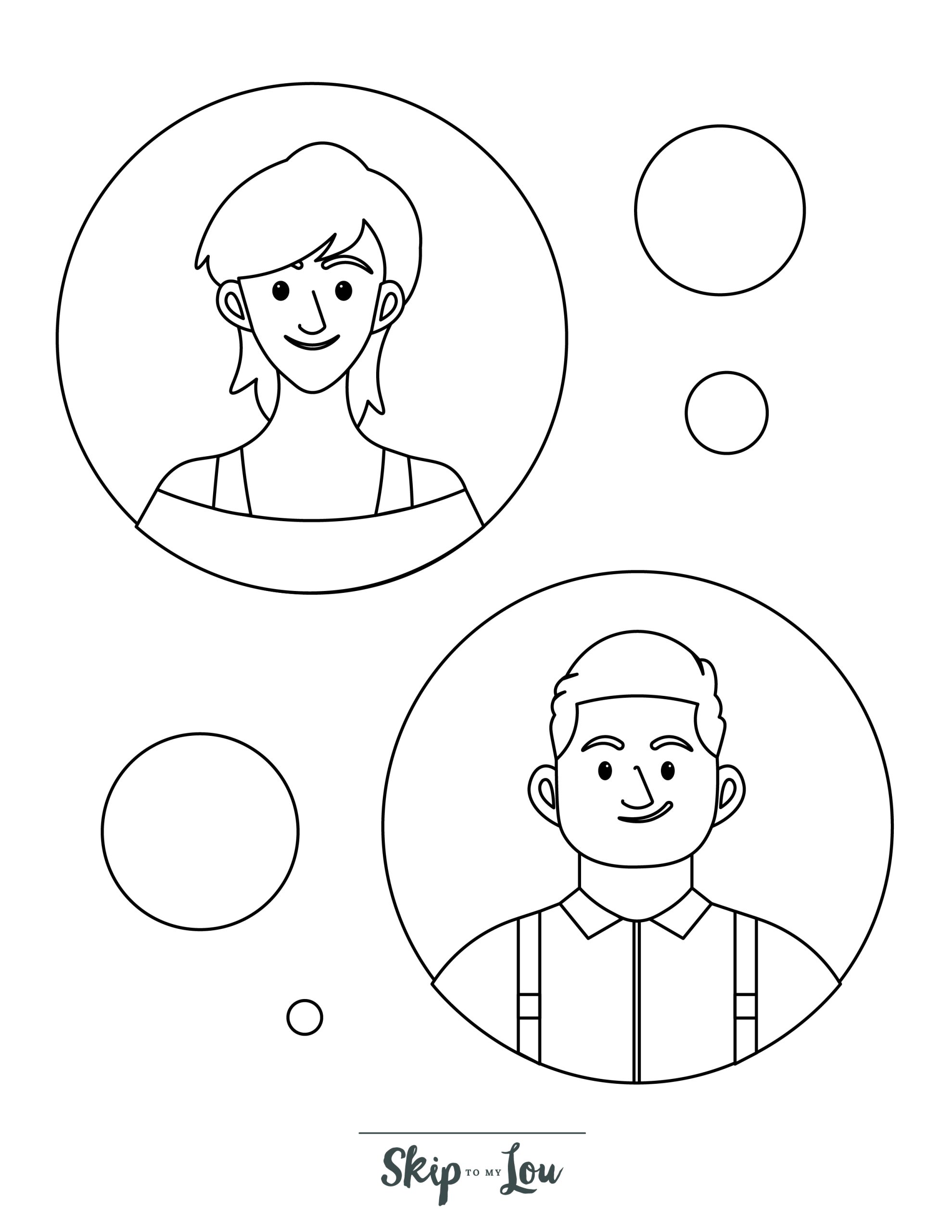 People Coloring Page 3 - Line drawing of happy people in bubbles
