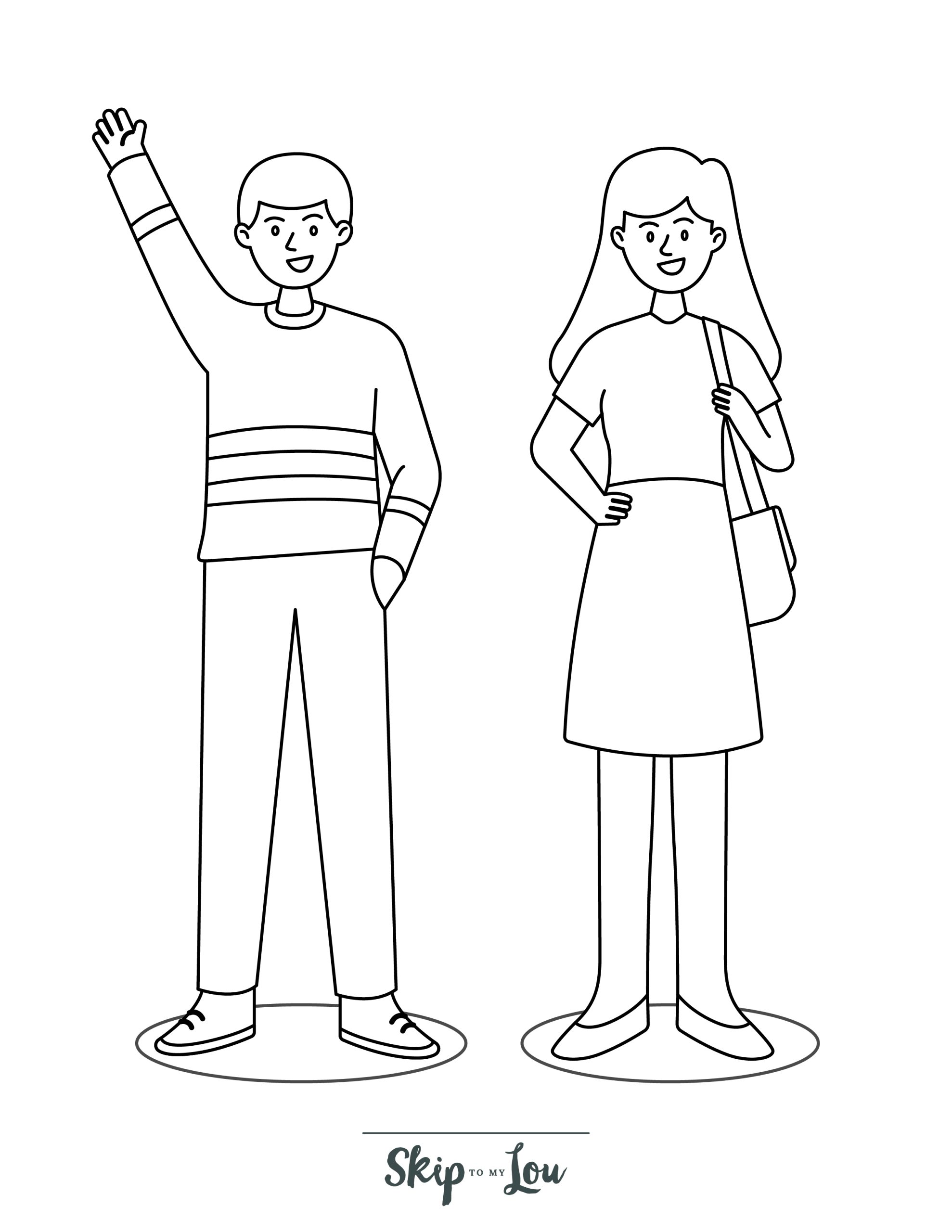 People Coloring Page 4 - Line drawing of cute couple standing