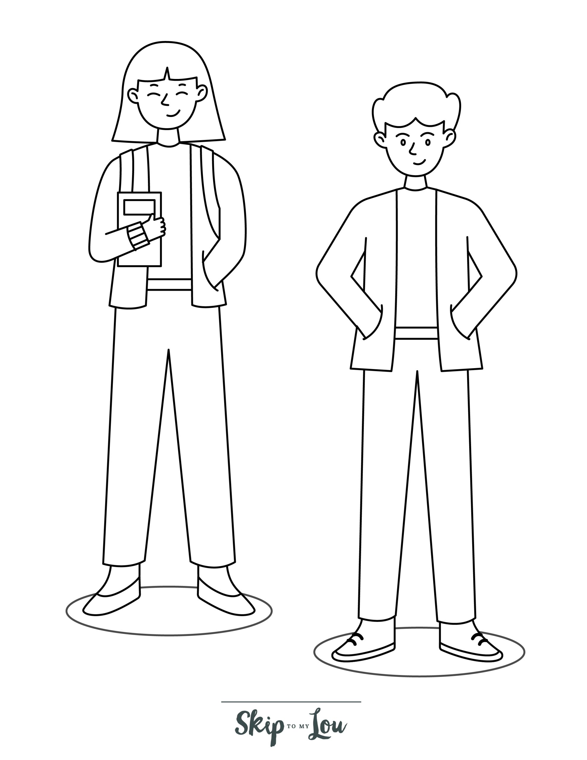 People Coloring Page 7 - Line drawing of two young people