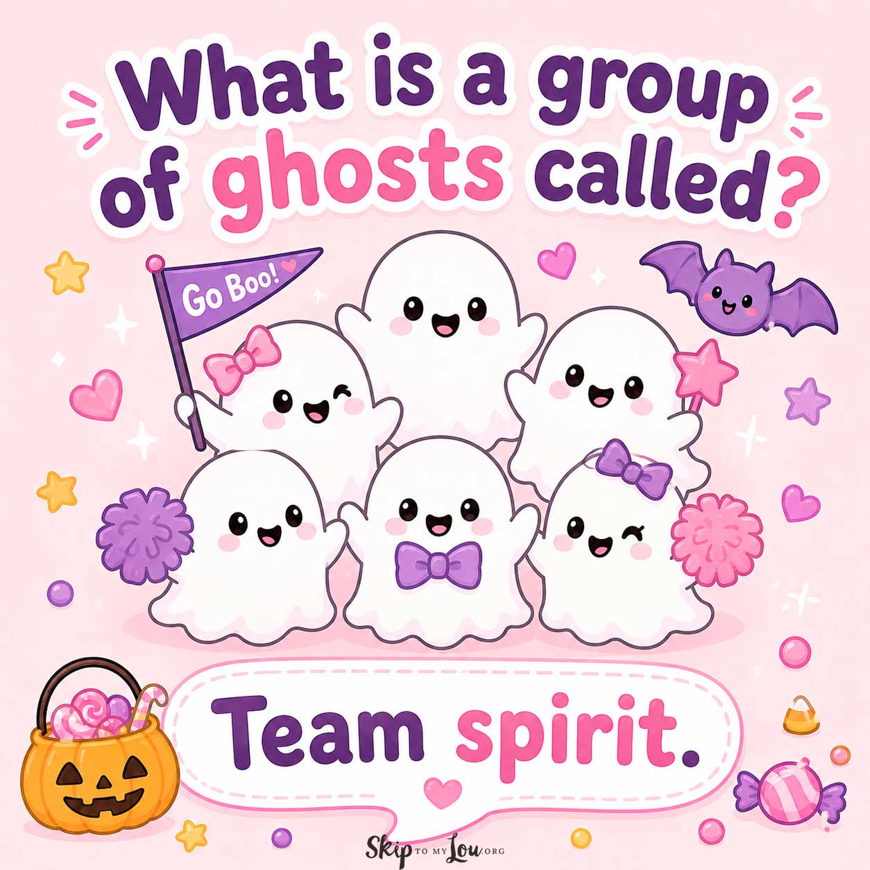 Cute ghost joke image with a group of smiling ghosts holding pom poms and the words What is a group of ghosts called? Team spirit.