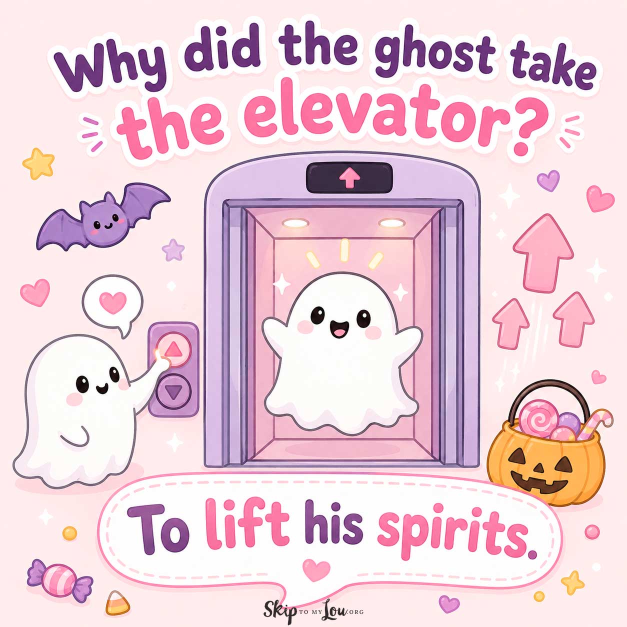 Cute ghost joke image with a smiling ghost in an elevator and the words Why did the ghost take the elevator? To lift his spirits.