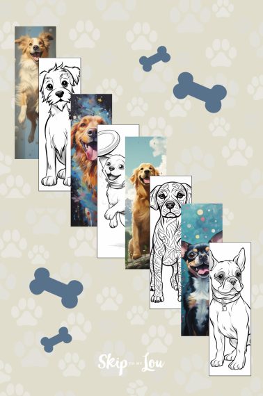 Compilation of dog bookmarks in color and black and white with bone and paw decorations on top of a gray background.