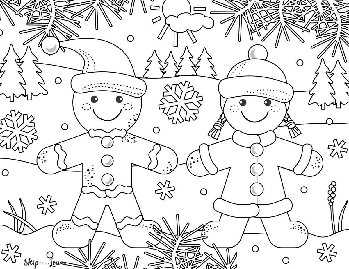 gingerbread boy and girl holding hands in winter scene