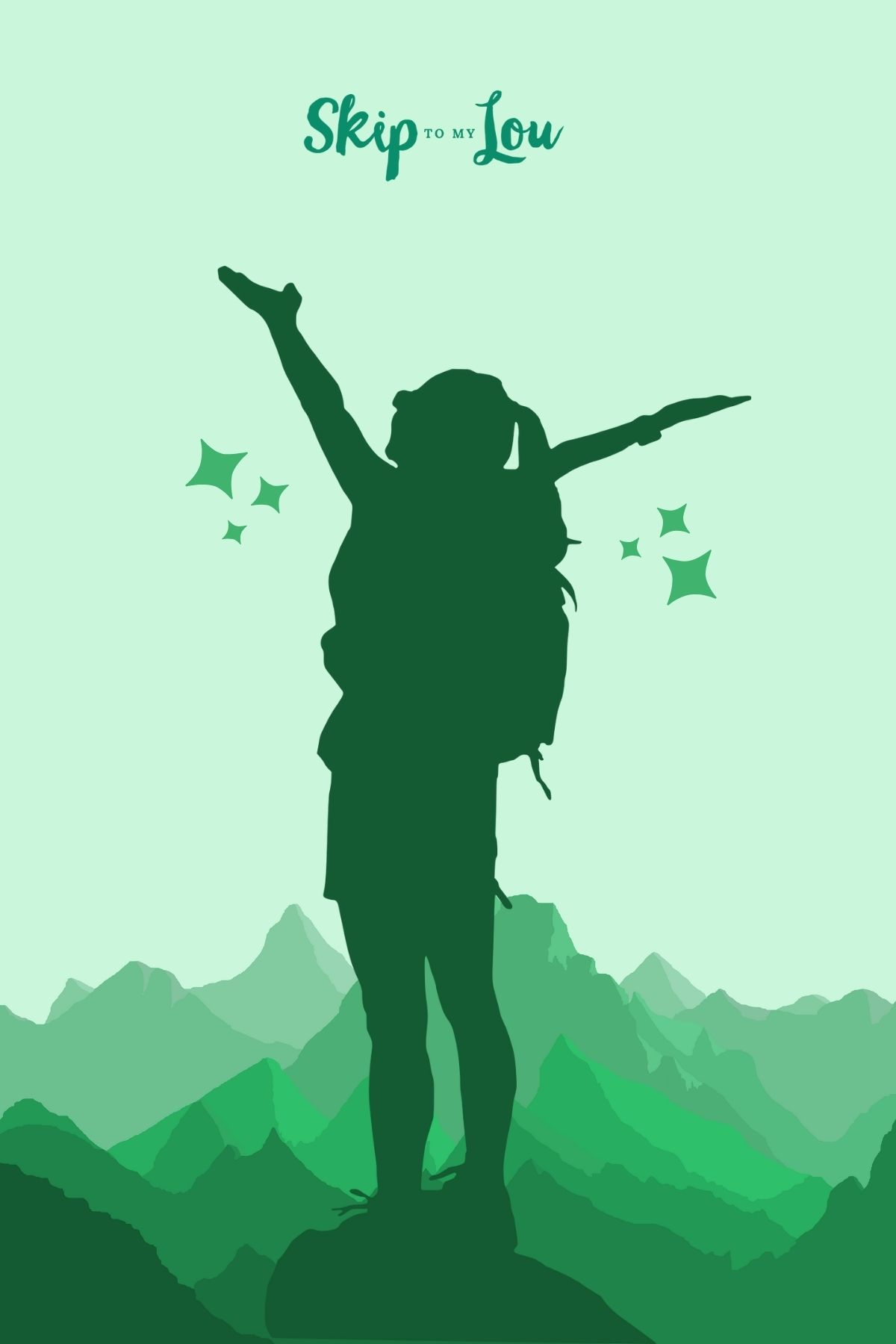 Image shows the shadow of a woman over mountains in a green background representing growth. from skip to my lou