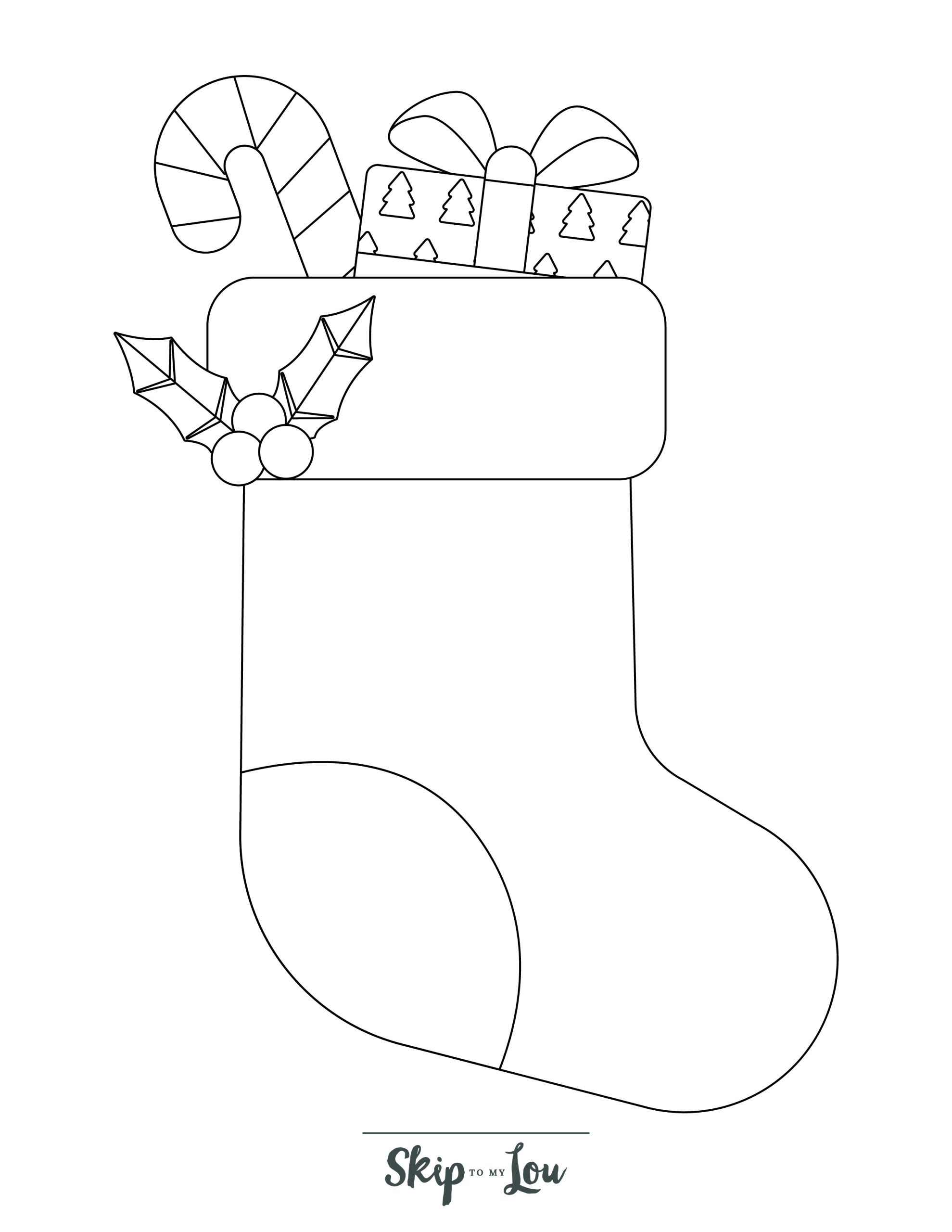 Holiday Coloring Page 3 - Line drawing of a Christmas stocking 