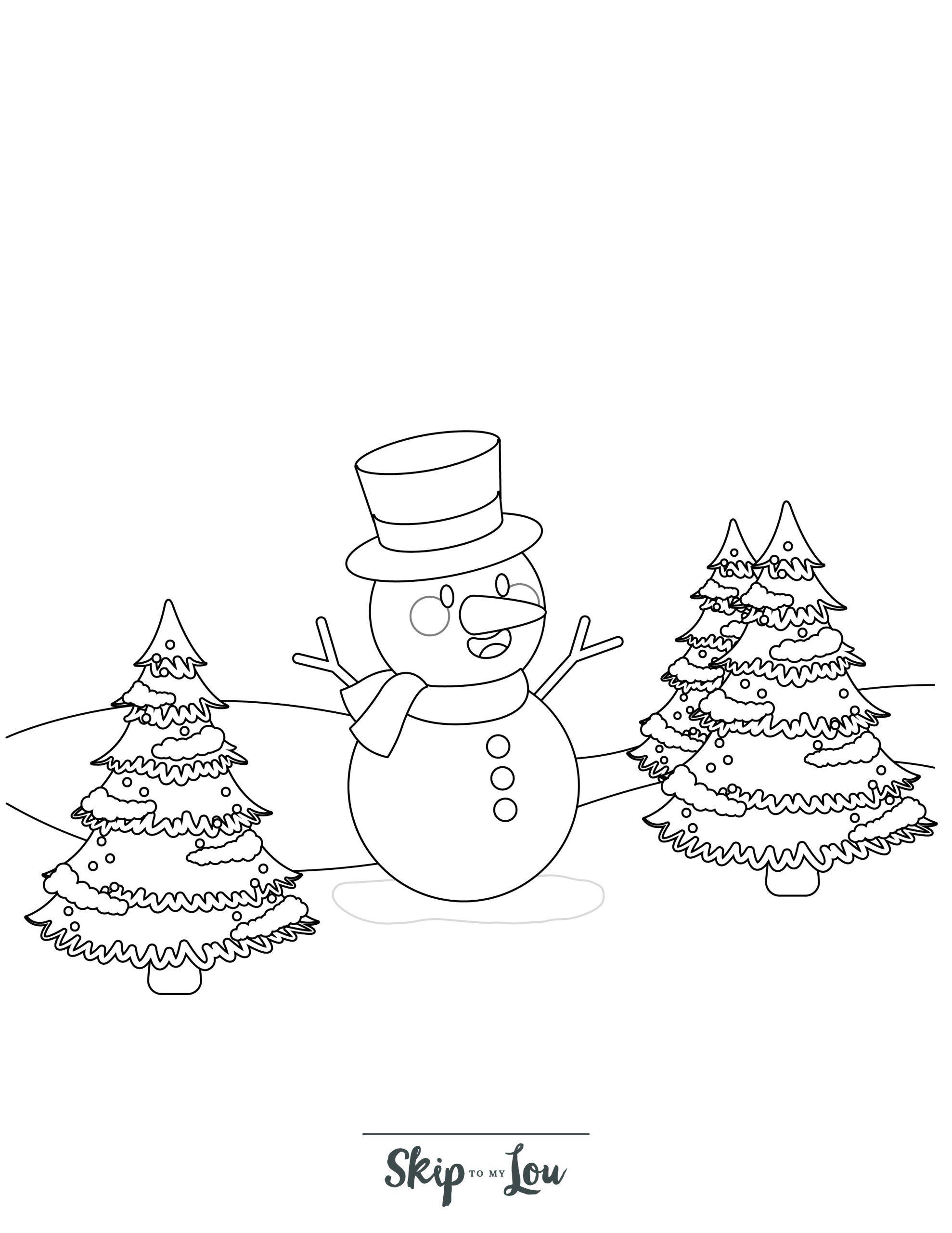 Skip to my Lou - Christmas Coloring Pages - Line drawing of a snowman with two Christmas trees