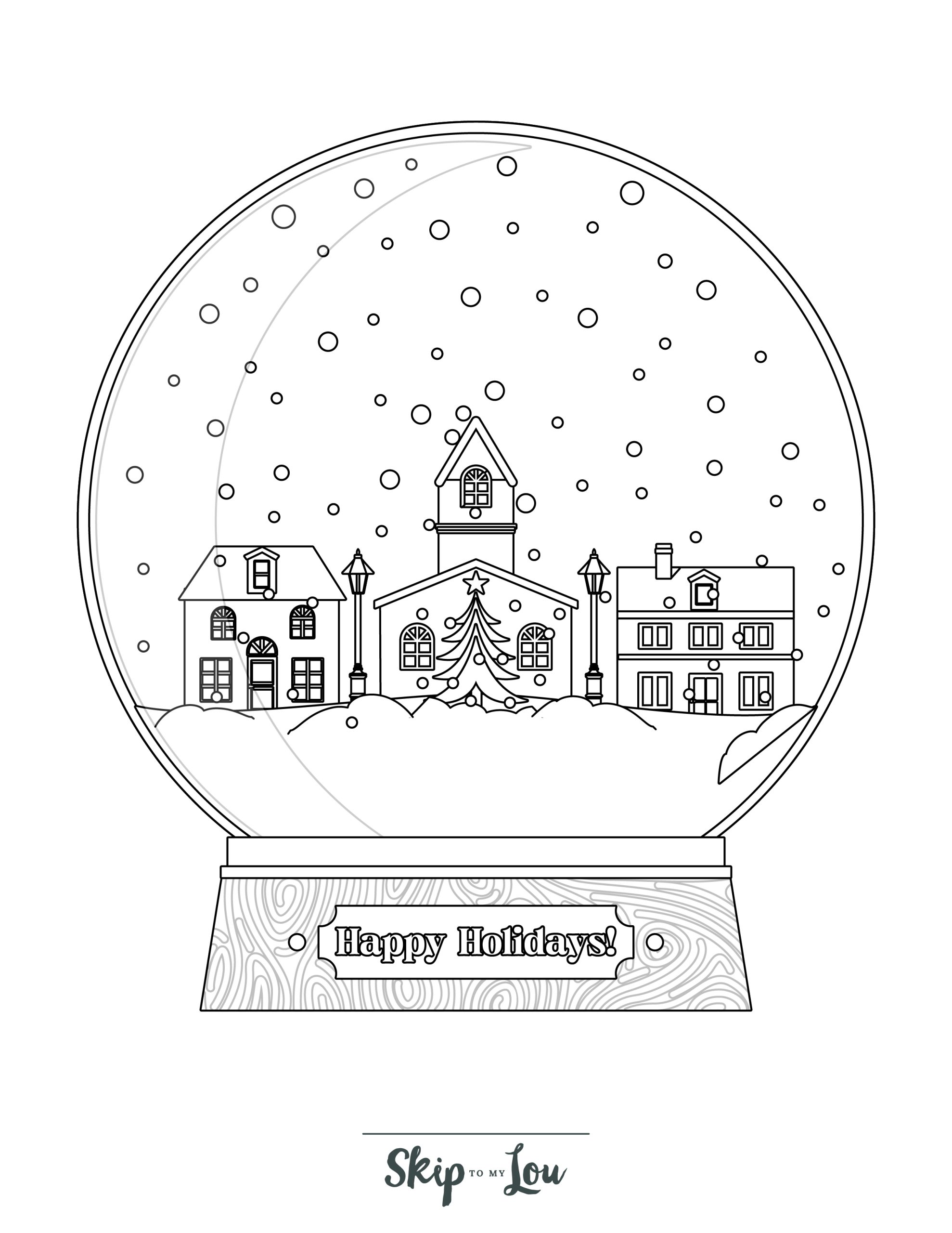 Holiday Coloring Page 5 - Line drawing of a snow globe with a town scene